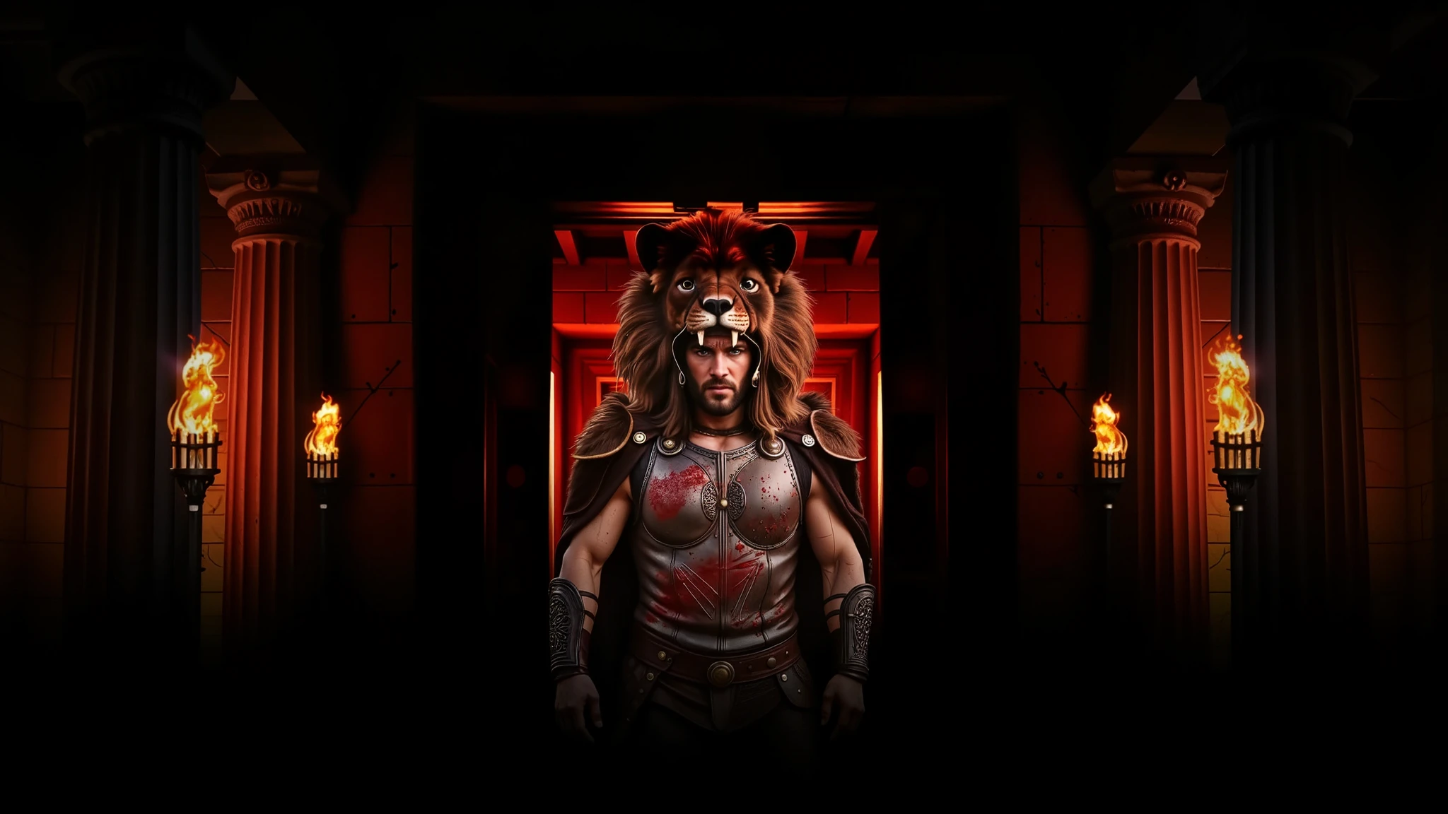 Hercules wearing his lion armor. His helmet is the head of a lion. The scene is realistic with a wide frame. His armor is dirty with dust and blood, and his cape is dusty. blood, dust, greece, action, walking.