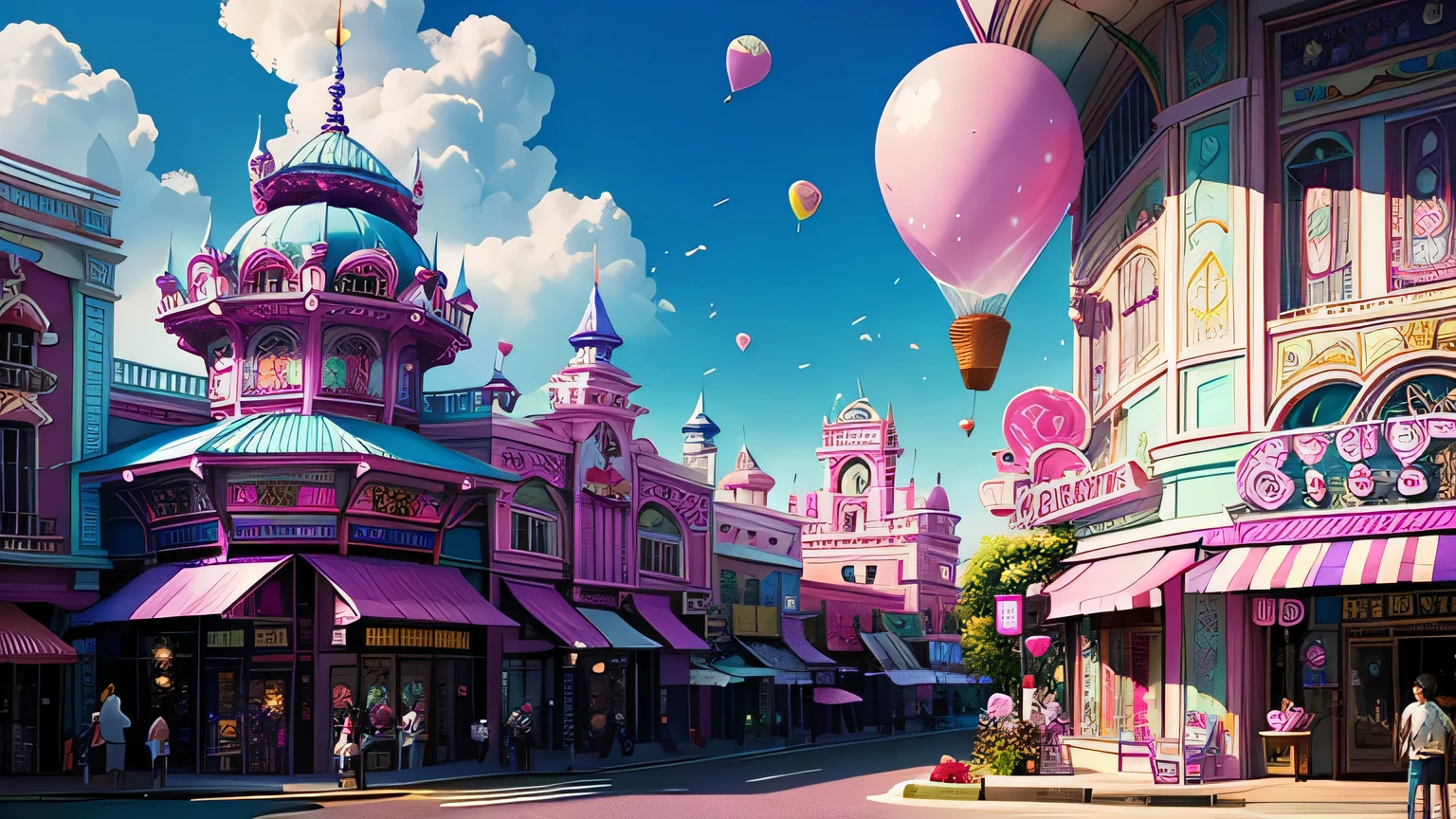 building is a colorful building、Pink Blue、purple 、orchid plant、Candy Country、Candy Town、Candy House、balloon、Playing card、There are lots of sparkling malls here and there、ice cream parlors、Palace buildings、palace、lined with palace buildings
