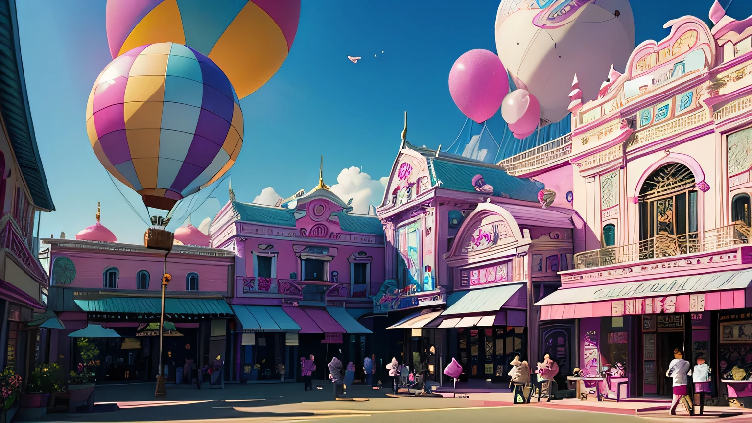 building is a colorful building、Pink Blue、purple 、orchid plant、Candy Country、Candy Town、Candy House、balloon、Playing card、There are lots of sparkling malls here and there、ice cream parlors、Palace buildings、palace、lined with palace buildings