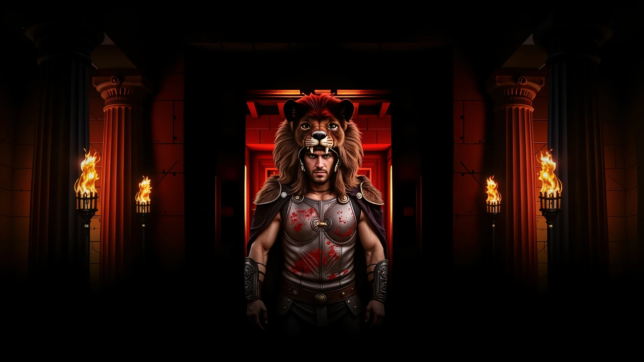 Hercules wearing his lion armor. His helmet is the head of a lion. The scene is realistic with a wide frame. His armor is dirty with dust and blood, and his cape is dusty. blood, dust, greece, action, walking.