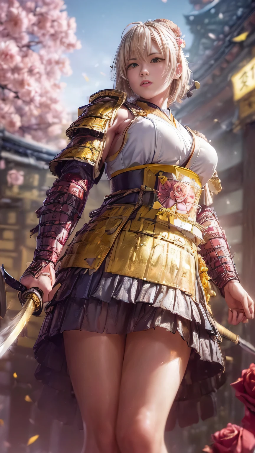 young woman,Oiran,warrior,(wielding a huge_weapon:1.3), very detailedな, realist,(from below, lower body, looking up:1.6), Brilliant Appearance ,extremely detailed, Imaginative,sensual ,top quality, skin texture,(very short hair:1.8),(Rose gold blonde hair:1.6),muscular female,Tight Body,plump thighs,huge breasts,(sideboob:1.3),(yellow Samurai armor:1.8),White Cloak, hipbone skirt,(garter belt:1.3),black tights at a distance, absolute region with to, intricate details ,cinematic lighting,Battlegrounds in the Sengoku period :1.3,(Meteor shower),(freesia background:1.3),(freesia petals:1.3),(freesia petals dancing in the wind),(Freesia flowers are blooming all over the front of the subject:1.3), confetti, RAW photos , 8k, masterpiece, top quality,ultra detail,very detailed, intricate details ,High Resolution,超intricate details,very detailed 8k cg wallpaper,