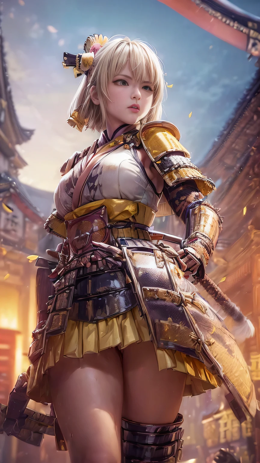 young woman,Oiran,warrior,(wielding a huge_weapon:1.3), very detailedな, realist,(from below, lower body, looking up:1.6), Brilliant Appearance ,extremely detailed, Imaginative,sensual ,top quality,  skin texture,(very short hair:1.8),(Rose gold blonde hair:1.6),muscular female,Tight Body,plump thighs,huge breasts,(sideboob:1.3),(yellow Samurai armor:1.8),White Cloak, hipbone skirt,(garter belt:1.3),black tights at a distance, absolute region with to, intricate details ,cinematic lighting,Battlegrounds in the Sengoku period :1.3,(Meteor shower),(freesia background:1.3),(freesia petals:1.3),(freesia petals dancing in the wind),(Freesia flowers are blooming all over the front of the subject:1.3), confetti,  RAW photos , 8k, masterpiece, top quality,ultra detail,very detailed, intricate details ,High Resolution,超intricate details,very detailed 8k cg wallpaper,
