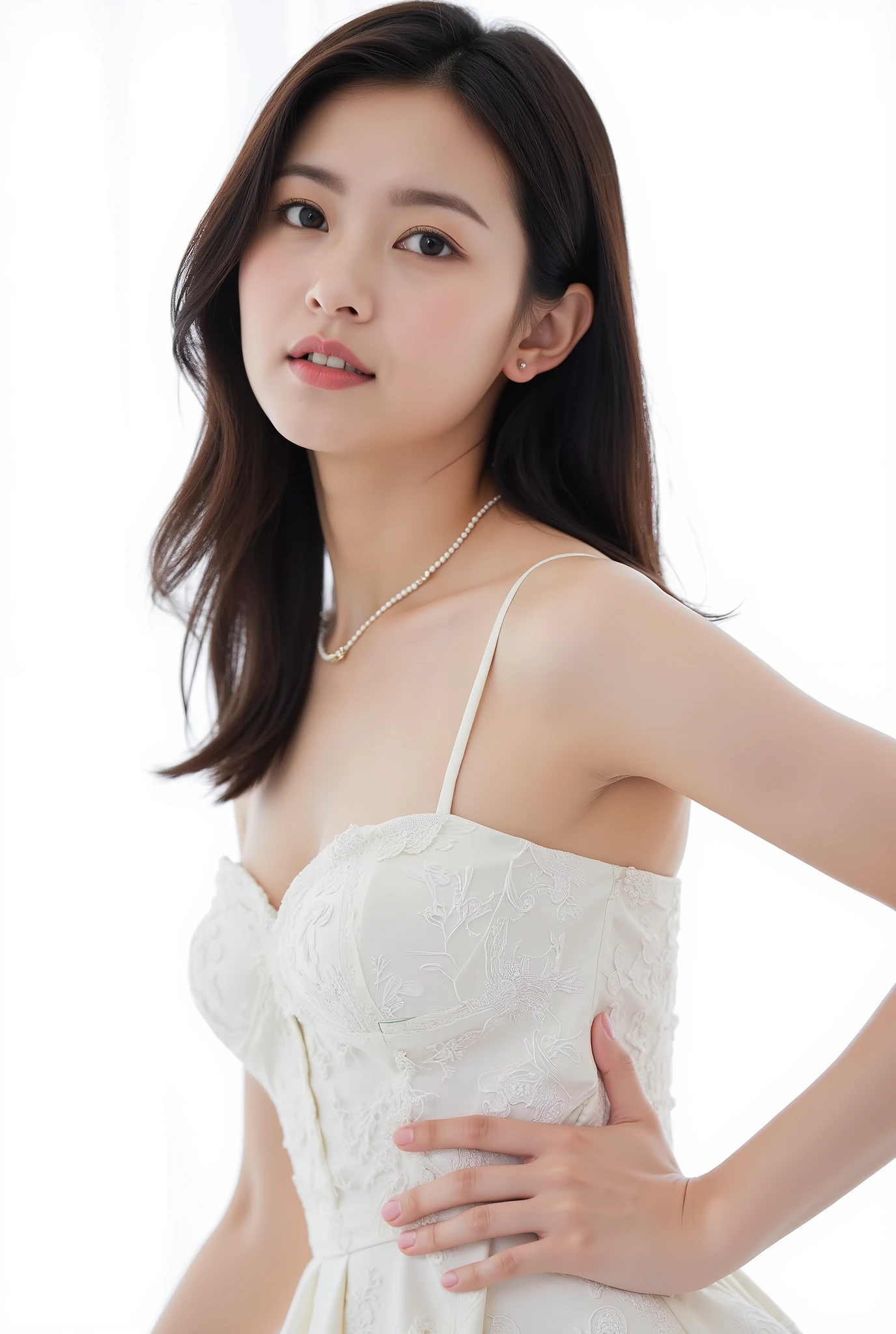 Create a portrait of a very beautiful Japanese idol, focusing on a close-up from the shoulders up. She has a slender physique and a small bust. The setting is a photography studio, and the lighting should be bright and clear, reminiscent of using a white reflector. Her hair is of medium length.