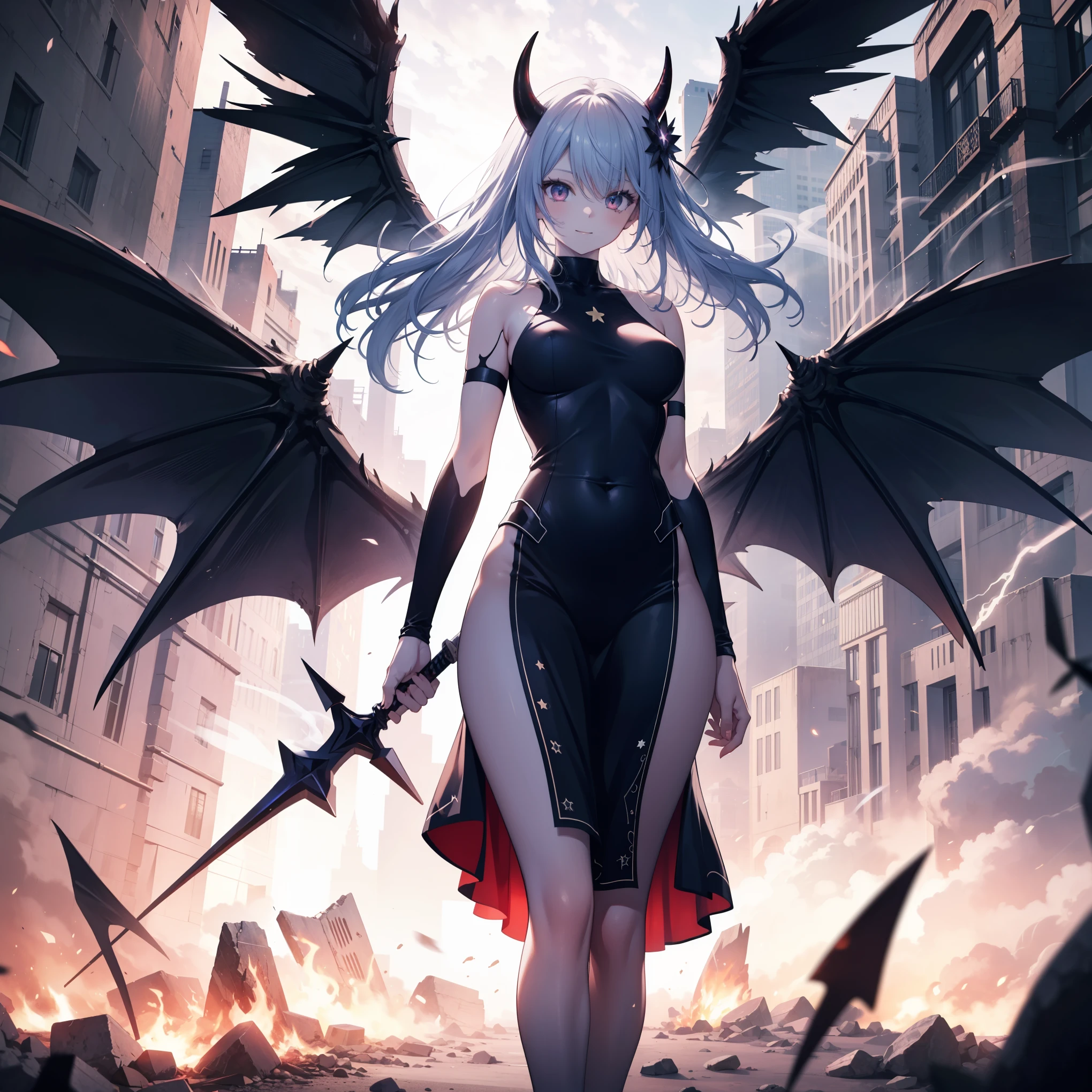 [hyper realistic:(unreal engine):realistic:,0.5,0.99:bezier], petite 1girl,(beautiful delicate face), (mist), stream of (dark magic:1.2), evil mage, (demonic), wings, horns, oiled skin, red eyes, upper body, looking at viewer, puffy disheveled hair, tattered clothes,dark shadows,  (volumetric lighting), atmospheric perspective, dust particles, light shaft,(e_foxy:0.7), m_wlop, (e_landscape:0.7)