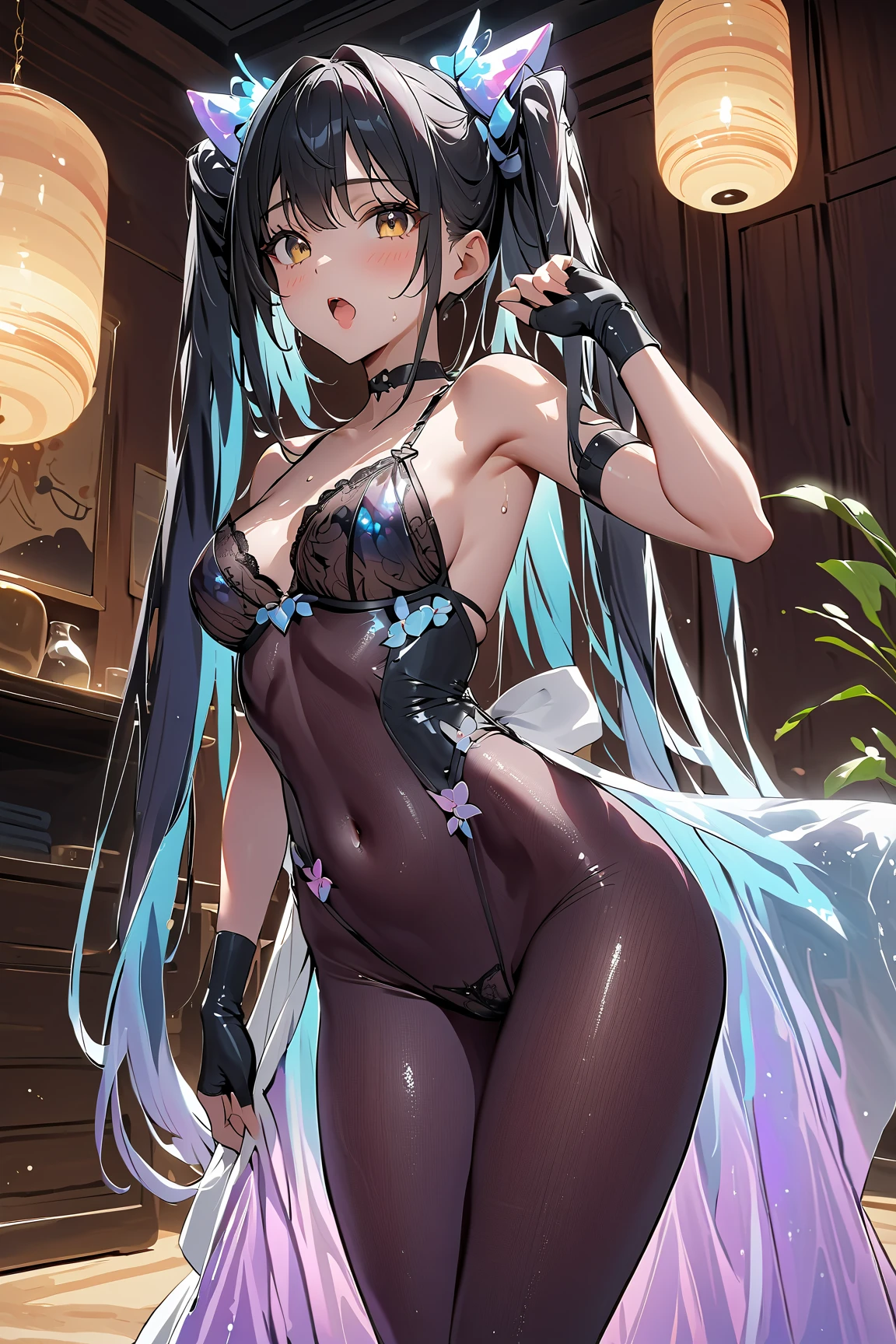(highest quality, 8K, 32K, masterpiece, UHD: 1.3), 1 female, (Oversized: 1.3), perfect figure,, (attractive), (Sheer skin)) 、((((Transparent see-through dress))))、see-through dresses、lace sheer dress、Transparent dress、Sheer skin、Transparent dressを着た美しい裸の女性、solo、best style、big breasts、The most beautiful in the world、unparalleled beauty、long hair、 ((Roman baths)),、Blue lighting. concept art stunning atmosphere, blue atmosphere, beautiful concept art, Dark majestic gorgeous waterside、(blue water辺、blue water)、blue fountain、blue pottery、Blue Wall、Blue floor、blue reflection、blue window、get wet in blue water、Blue light、blue flower、Blue roses、blue lantern、Expressive、sexy pose、sexy design、pink nipples