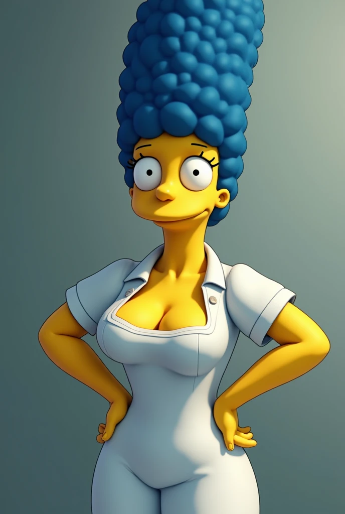 Marge Simpson in white button down that’s almost entirely unbuttoned showing lots of cleavage and tits, and black mini skirt 