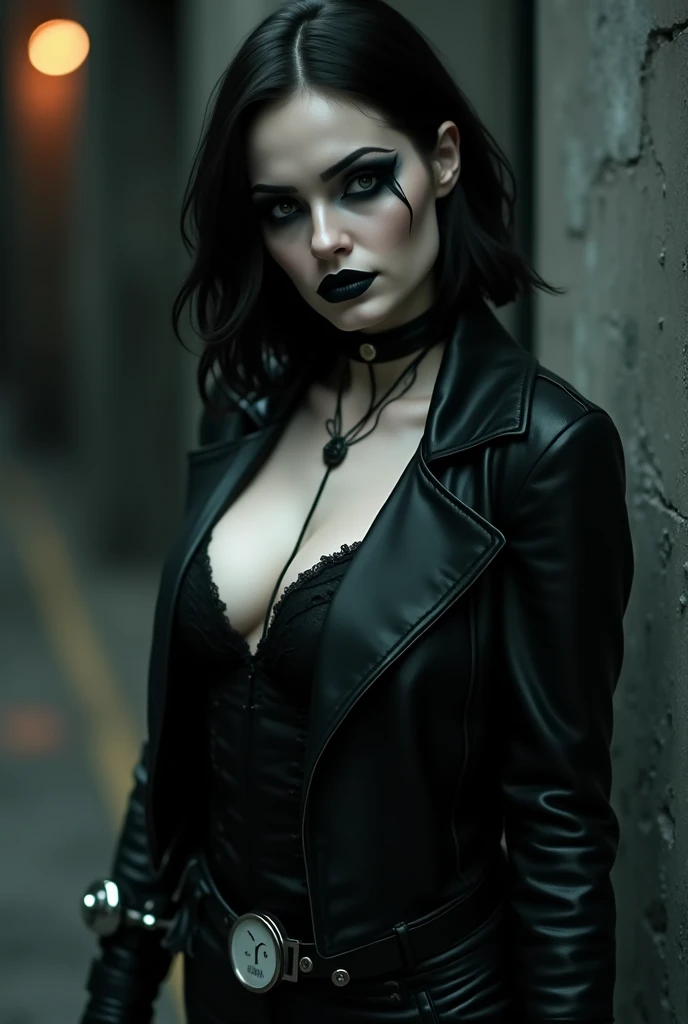 (best quality,4k,8k,highres,masterpiece:1.2),ultra-detailed,realistic,gothic rock lady,leather pants,smokey eyes,black lips,dark atmosphere,dramatic lighting,intense expression,mysterious aura,detailed hair texture,pale skin,high contrast,heavy eyeliner,gothic makeup,powerful presence,sexy and edgy,provocative pose,foreboding background,ethereal beauty,grunge fashion,vibrant colors,artistic composition,intense shadows,fierce personality,hauntingly beautiful,gothic aesthetic,elegant and dark,eerie ambiance,exquisite details,high-definition fantasy,emotionally charged portrait,deep shadows,strong and confident,vivid and rich tones,captivating and alluring,striking facial features,mesmerizing gaze,sophisticated allure