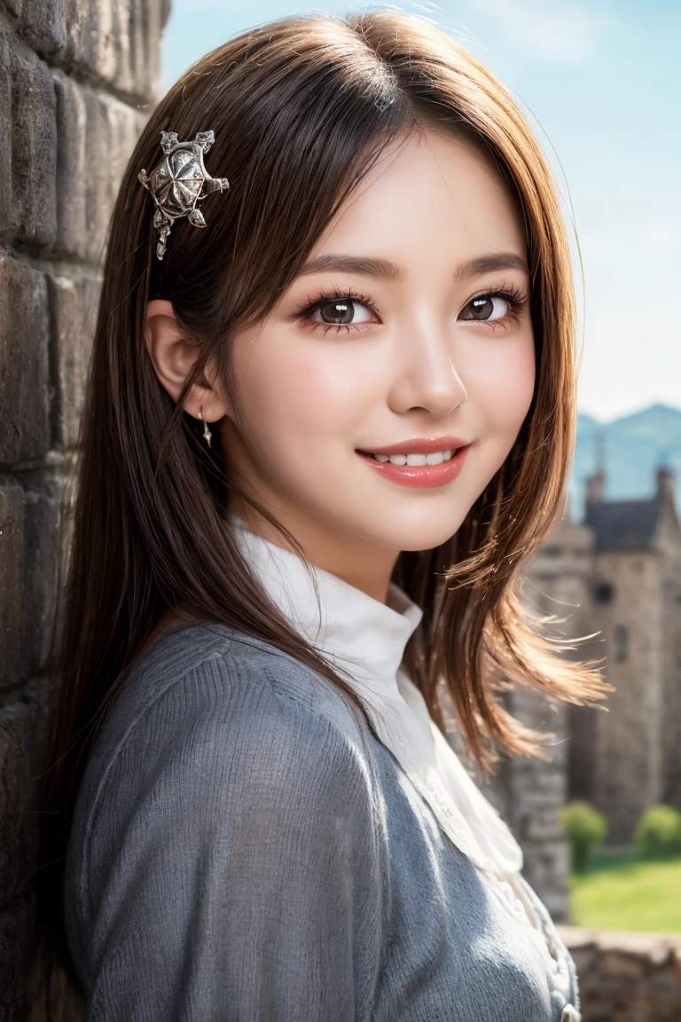 (Realistic, photo-Realistic:1.37), Incredibly absurd, (Very detailed:1.3), 8k, (masterpiece), (highest quality:1.4), (Ultra-high resolution:1.2), (RAW Photos:1.2), Very detailed background, (unity 8k wallpaper), 1 nogizaka girl, very cute, bishojo, 15 years, (Gothic Lolita Fashion), Exquisitely drawn beautiful faces, eyes and skin, Detailed black shiny hair, Elegant frills, Frilled tie, Ribbon tie, Rose Hair Accessories, Delicate lace dress, Soft fabric, Beautiful rose pattern, Smiling for the camera, Cowboy Shot, European castle landscape, Professional Lighting