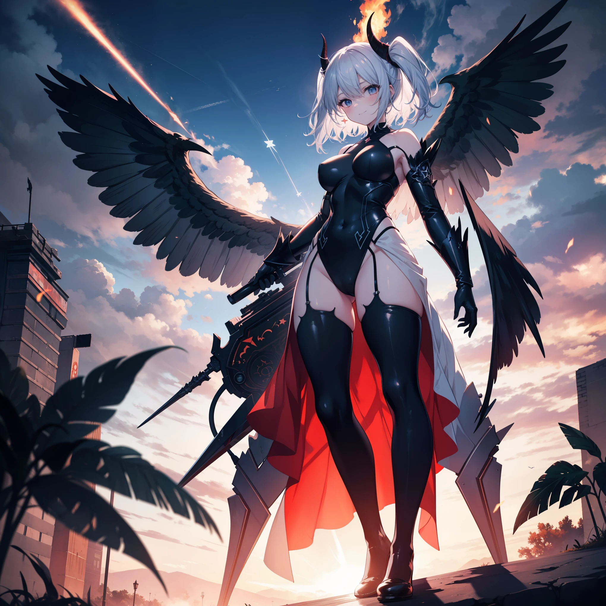Thighs、Dark skin、Red clothes、belly button、shoulder、turbaned、The background is the wilderness、outside、long hair、Red eyes、Red sunset、Open-chested clothing、Black wings、White Hair、