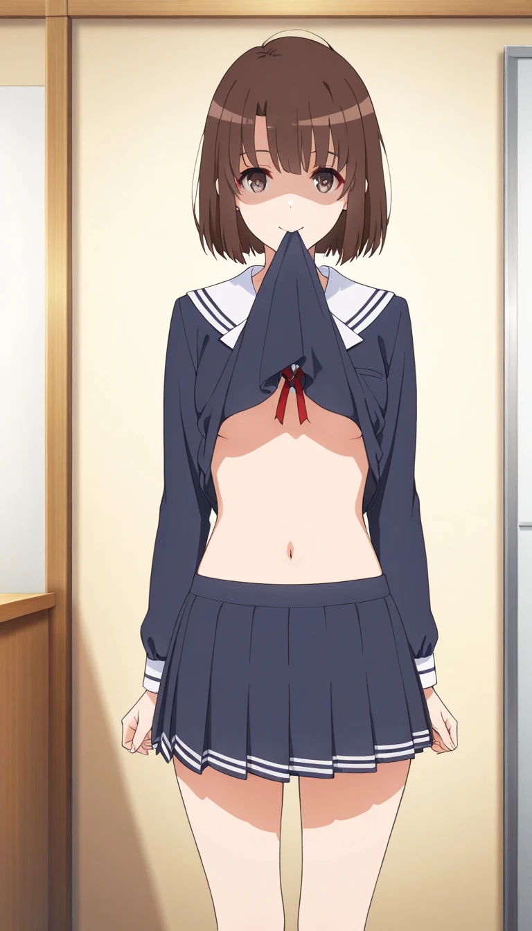 Highest quality, masterpiece, High resolution, ((Perfect hands, Perfect Legs, Perfect Anatomy)), One Girl, alone, whole body, blush, smile, I401KC, Brown Hair, Short ponytail, White shirt, Sleeveless, headgear, Sunburn, Sunburnlines, Sailor shirt, Orange sailor collar, Completely naked, ,((nsfw)), tanned skin, 