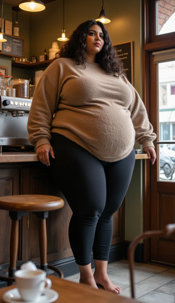 ((beautiful 25 year old woman restaurant food)), ((chair sitting with coffee cup in left hand 1.5)), ((argentine ethnicity)), ((blue full chest sweater color :1.6)), ((blue full waist pants color :1.5)), ((big ass)), ((skinny)), ((thick)), ((big hipps)), ((best quality)), ((8k, 32k)), ((masterpiece, UHD:1.3)) ((glamour photo)), ((realistic)), ((ultra detailed)), ((stunning girl)), ((ultrahigh resolution)), ((photorealistic: 1.4)), ((slender figure abs)), ((huge breasts :1.6)), ((huge nipples :1.4)), ((perfect body :1.5)), ((ultra detailed face)), ((detailed lips)), ((detailed eyes)), ((perfect boobs)), ((white skin)), ((perfect body)), ((beautiful face :1.4)), ((black hair color :1.6)), ((loose curly hairstyle)), ((full body view :1.6)).