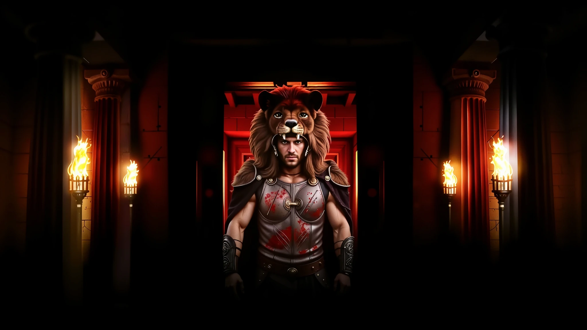 Hercules wearing his lion armor. His helmet is the head of a lion. The scene is realistic with a wide frame. His armor is dirty with dust and blood, and his cape is dusty. blood, dust, greece, action, walking.