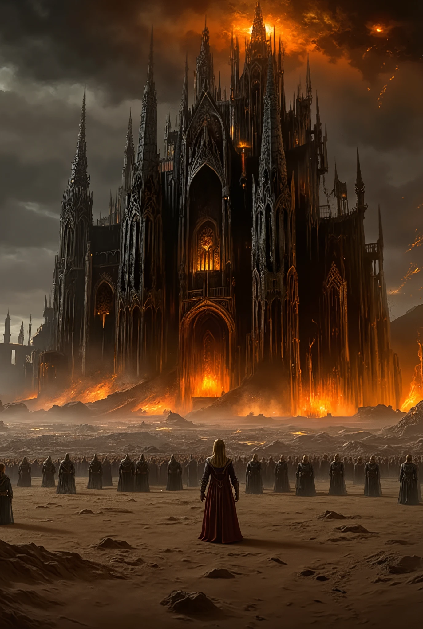 Dark Fantasy Oil Painting Style. Grand Battle Scene. A grand fantasy landscape featuring a fair-skinned woman in her 20s with long blonde hair flowing. She stands upright, facing a large black dragon dominating the sky. She wears dark gray and brown medieval armor, with a long, flowing dark red cloak behind her, demonstrating a strong figure. Her expression is resolute, expressing courage and determination. The environment is a large sandy battlefield. A large army of figures in dark armor appears in front of her, illuminated by scattered warm orange fire. The background is a gigantic Gothic castle, illuminated from within by fiery golden light. A large, fiery, dark gray and brown dragon dominates the sky above, creating a sense of impending conflict. The composition uses dynamic perspective, emphasizing the contrast between the dragon and the woman in the foreground. The colors are warm earthy tones with fiery highlights, creating an exciting atmosphere. This style combines realism with fantasy elements, reflecting an epic heroic tale. Rich, layered textures stand out, from the armor to the castle's clothing and stonework. The lighting draws attention to the characters, contrasting the bright, lighted areas with the dark, shadowed areas. The overall atmosphere is one of grand battle, suspense. and the hero's challenge. The artwork uses a mix of realistic and stylized detail, which is evident in the textures and character modeling. The artwork is reminiscent of a medieval fantasy, using stylistic elements reminiscent of dark fantasy and high fantasy cover art, inspired by Frank Frazetta and Brom. Dark atmosphere, richly textured brushwork, exciting contrasts. Art Style: Dark Fantasy, 70's.