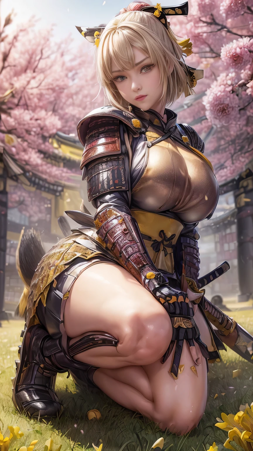young woman,Oiran,warrior,(wielding a huge_weapon:1.3), very detailedな, realist,( look at the subject from below :1.3),(I'm crouching and spreading my crotch:1.6),(combat posture:1.6), Brilliant Appearance ,extremely detailed, Imaginative,sensual,spontaneous,top quality, skin texture,(very short hair:1.8),(Rose gold blonde hair:1.6),muscular female,Tight Body,plump thighs,huge breasts,(sideboob:1.3),(yellow Samurai armor:1.8),White Cloak, hipbone skirt,(garter belt:1.3),black tights at a distance, absolute region with to, intricate details ,cinematic lighting,Battlegrounds in the Sengoku period :1.3,(Meteor shower),(freesia background:1.3),(freesia petals:1.3),(freesia petals dancing in the wind),(Freesia flowers are blooming all over the front of the subject:1.3), confetti, RAW photos , 8k, masterpiece, top quality,ultra detail,very detailed, intricate details ,High Resolution,超intricate details,very detailed 8k cg wallpaper,