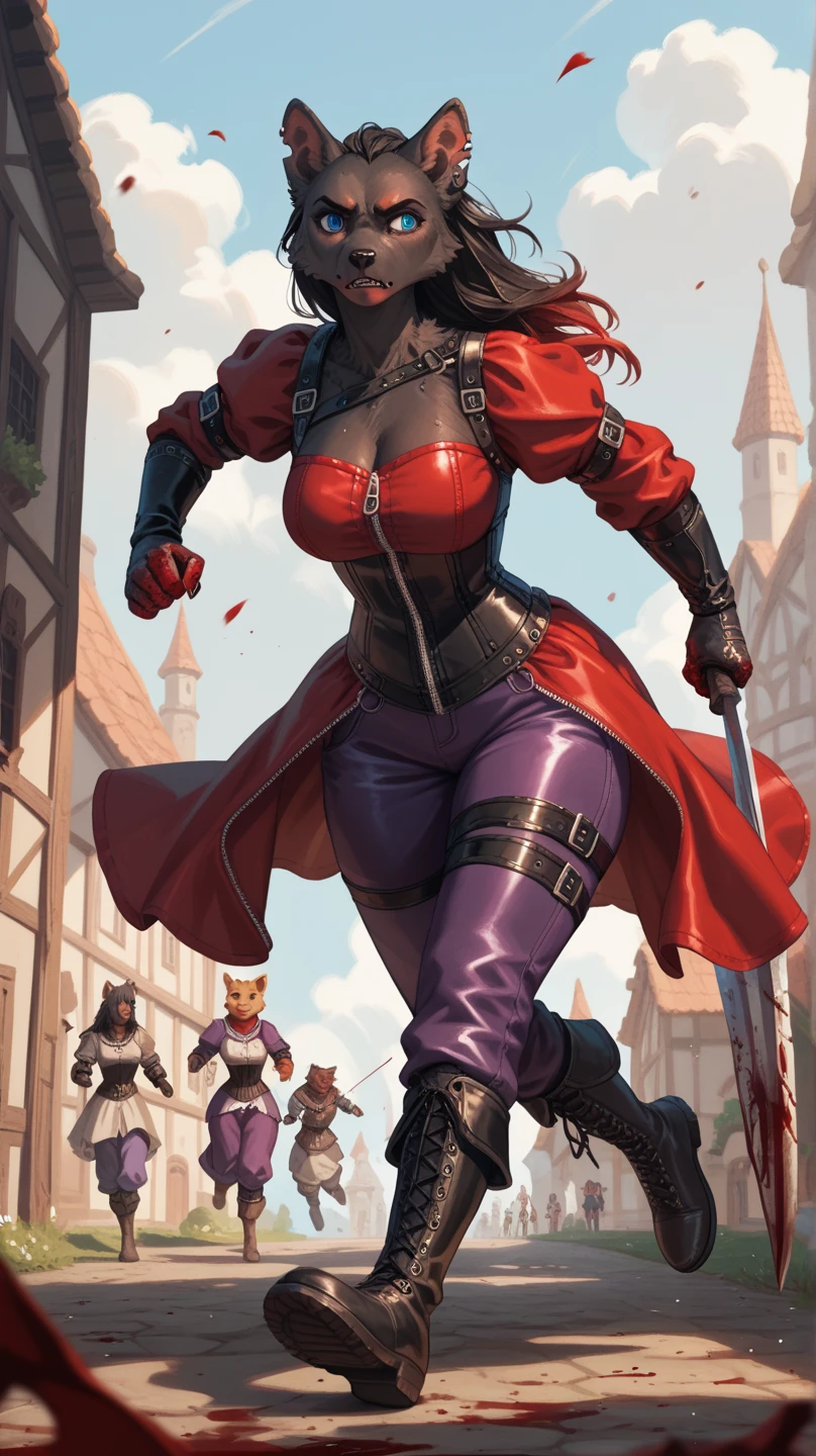 1women, solo, ???? up, look at viewer, (detailed face), bangs, edgBB, black gloves, belt, coat, torn clothes, capelet, red gloves gauntlets, vambraces, black capelet, hunter (bloodborne) woman wearing edgBB_outfit, outdoors, gothic architecture, jewelry, full body Forrest Fire Emblem twin drills blonde hair