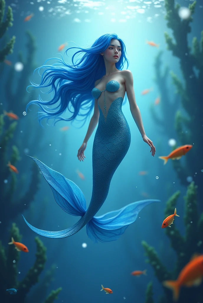 Fantasy glowing mermaid,supple hair,There are many fish around the bottom of the sea