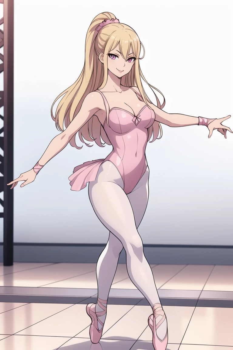 ((masterpiece)), ((best quality)), ((highres)), 1girl, solo, bare legs, matching boots, sleeveless, looking at viewer, full body, standing and leaning forward, looking up, tall and delicate, cute slim 25 year old, perfect hands, perfect eyes, perfect legs, perfect arms, perfect pink leotard, perfect fingers, perfect slim curvy body, medium breasts, spinning, blonde hair, long hair, knee boots, blue eyes, hair down, bangs, sleeveless, pink gloves, pink footwear, superhero, delicately spinning around, spinning, standing, standing, leaning, thighs, legs, slim, shapely and sexy, aesthetic, posture