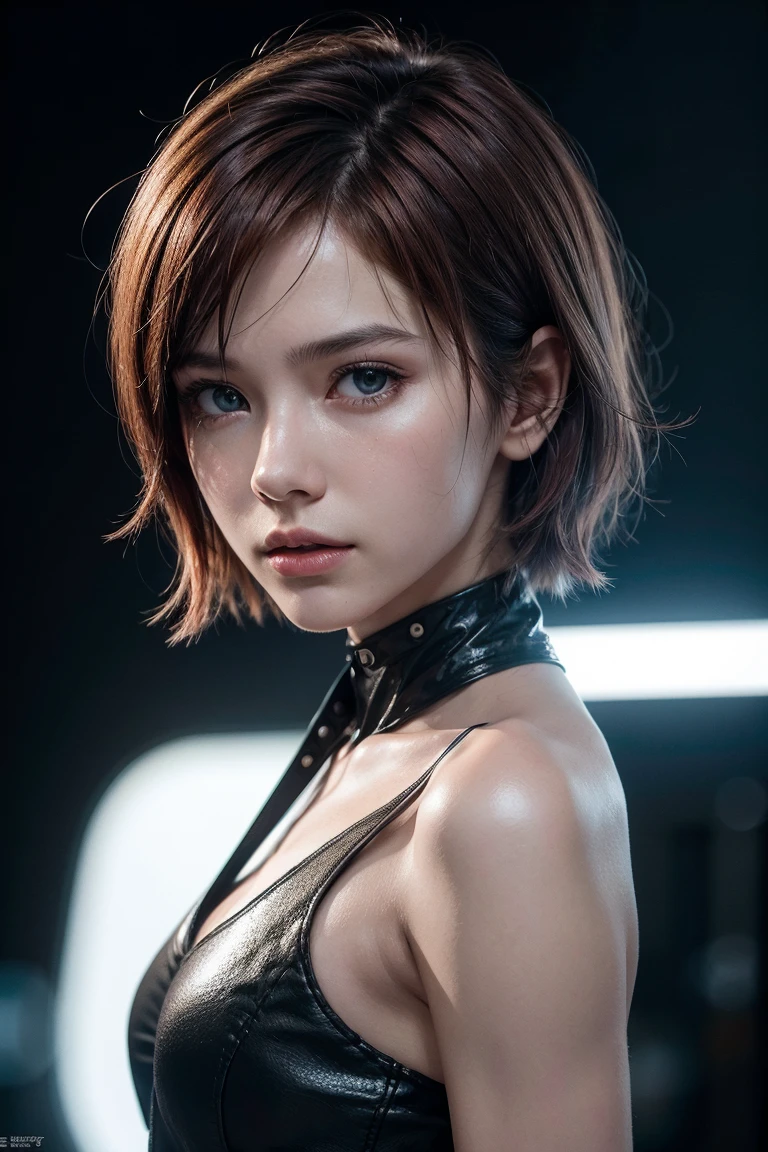 Masterpiece, RAW photo, Realistic, photorealistic, Full length portrait, Dramatic shadows, (((Best Quality))), highly detailed, cute sexy 19 years old Tifa Lockhart, detailed perfect eyes, luminism, 8k resolution, futuristic background with clock face, short sidecut hair, intricately detailed, cinematic lighting, backlighting, Centered cover photo, awesome full color, dark atmosphere, futuristic short cutting black tape dress, windy weather