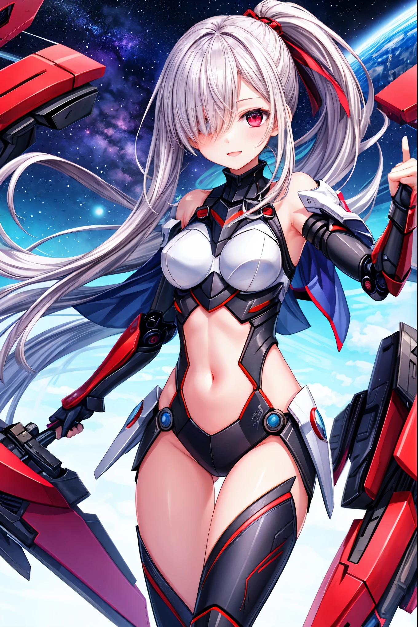 mecha-girl,Silver hair, Curly hair, hime-cut, Very long hair, red color eyes, High-fork swimsuit, foot out of frame, futurism, Anatomically correct, hyper HD,scifi lab,Sky blue tones,expressiveless