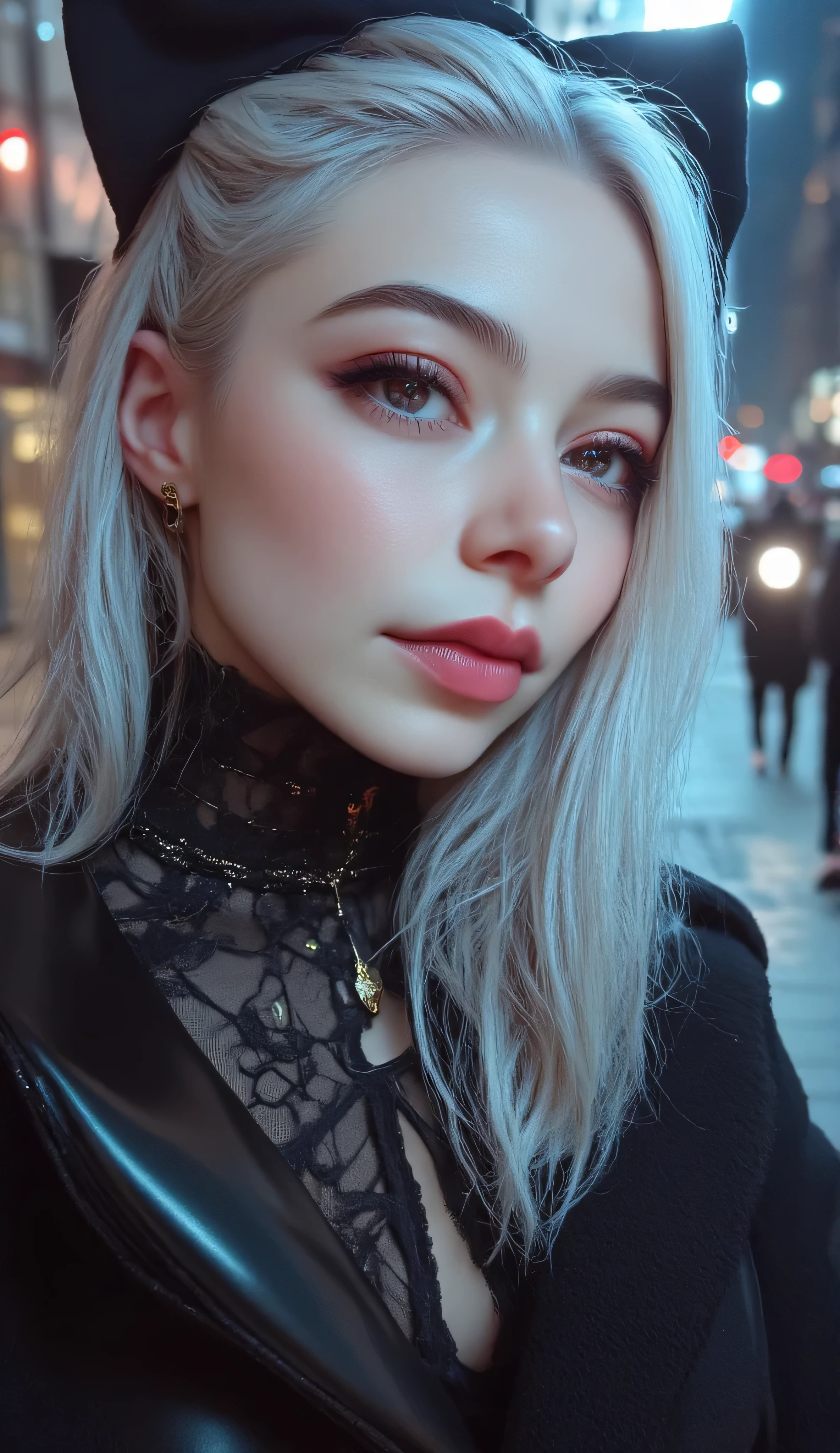 masterpiece, highest quality, solo , (perfect face:1.1), (high detail:1.1), dramatic,pale skin, (long pure white hair:1.4),Makeup,lipgloss, cateye eyeliner, jewellery,anklet,big eyes, perfect eyes, almond shaped eyes,light blue eyes,solo, long hair,big breasts,Natural breasts,saggy breasts, hourglass body shape,(wide hips:1.3),(thick thighs:1.3),(big booty:1.3), pouty lips, detailed eyes, cinematic lighting, hyper detailed, intricately detailed, overwhelmingly pixel perfect, fashion, seductive pose,sexy revealing black sheer lace Camisole,plaid mini skirt, lace thong,black high heels,cropped leather Jacket, expressive purse,(night scene),city streets, city lights,High Resolution, Masterpiece, Anatomically Correct, Award Winning, Best Quality, Detail, HD, High Details, High Quality, Quality, UHD, Textured Skin, Hair Over One Eye, Sparkling Eyes, full lip,perfect lips,seductive smirk, Sony FE GM, 135mm, Jewelry, God Rays, Ray Tracing, professional photography,professional photo shoot,car model,sitting on a motorcycle,Close-up portrait,(profile shot),Selfie,