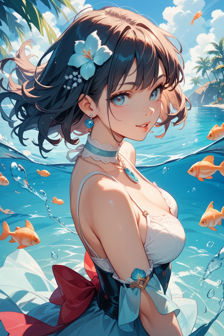 An anime girl in a bikini on a beach submerged in the water, observing a beautiful goldfish