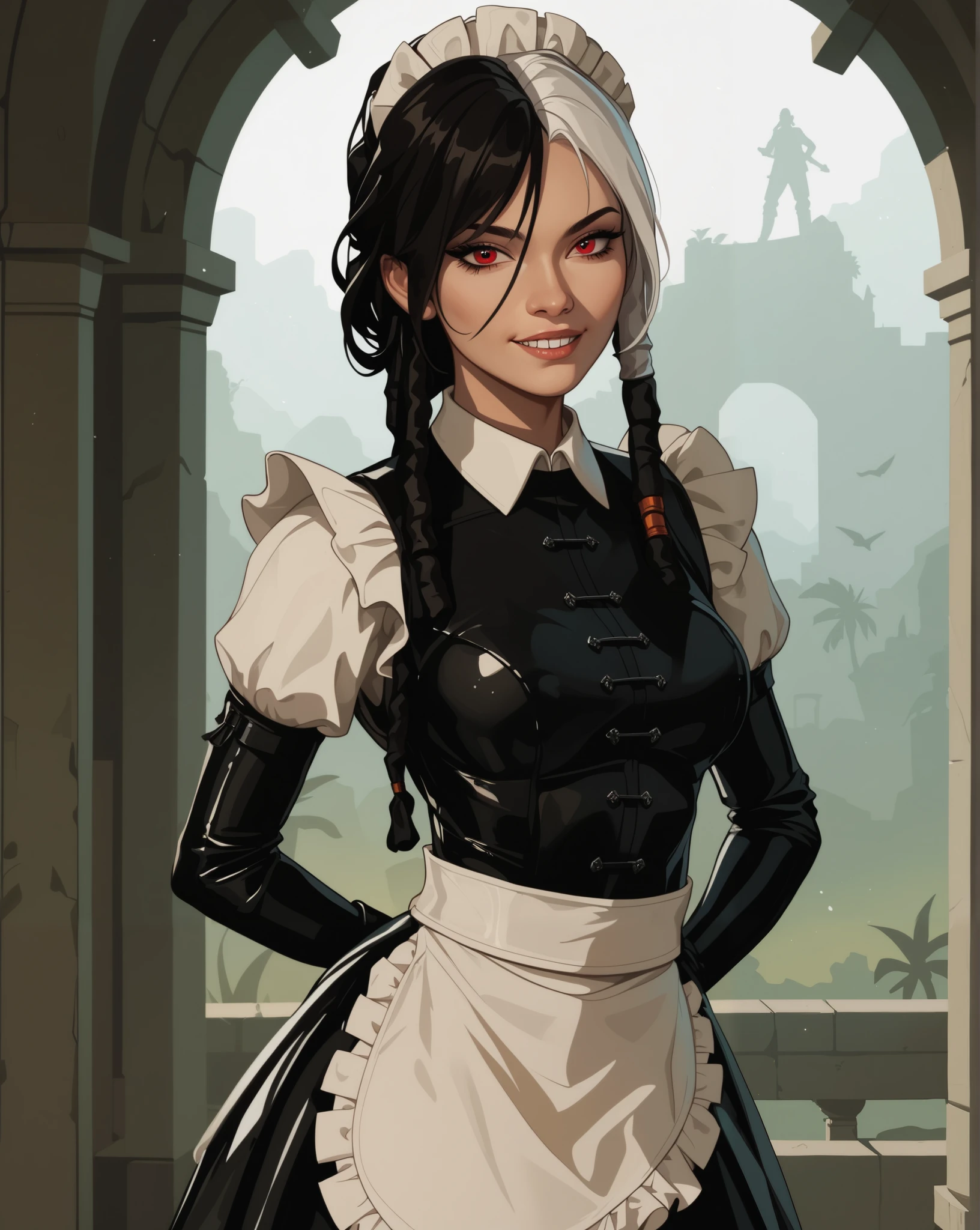 look like a young Jennifer Lawrence, Asian eyes, narrow nose, masterpiece, HD , great quality, very aesthetic, absurd, high contrast , high color palette , light glare ,Latest ,2.5D,volumetric lighting, Sweet, jung, 1 girl, aztekisch, small breasts, red eyes,athletic body, aztekisch, white hair strands, looks at the viewer, medieval leather clothing, Dreadlocks, shy, smiles, Anime shark teeth, background: Jungle and Aztec ruins