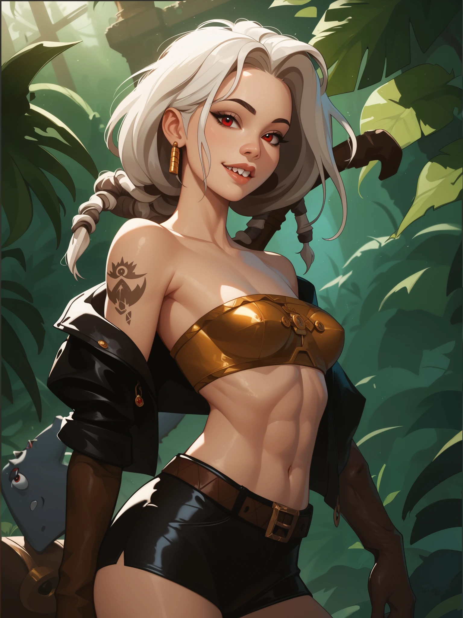 look like a young Jennifer Lawrence, Asian eyes, narrow nose, masterpiece, HD , great quality, very aesthetic, absurd, high contrast , high color palette , light glare ,Latest ,2.5D,volumetric lighting, Sweet, jung, 1 girl, aztekisch, small breasts, red eyes,athletic body, aztekisch, white hair strands, looks at the viewer, medieval leather clothing, Dreadlocks, shy, smiles, Anime shark teeth, background: Jungle and Aztec ruins