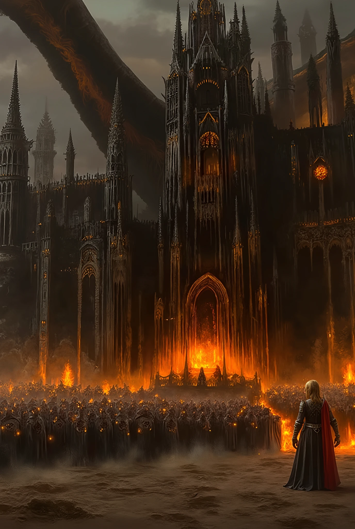 Dark Fantasy Oil Painting Style. Grand Battle Scene. A grand fantasy landscape featuring a fair-skinned woman in her 20s with long blonde hair flowing. She stands upright, facing a large black dragon dominating the sky. She wears dark gray and brown medieval armor, with a long, flowing dark red cloak behind her, demonstrating a strong figure. Her expression is resolute, expressing courage and determination. The environment is a large sandy battlefield. A large army of figures in dark armor appears in front of her, illuminated by scattered warm orange fire. The background is a gigantic Gothic castle, illuminated from within by fiery golden light. A large, fiery, dark gray and brown dragon dominates the sky above, creating a sense of impending conflict. The composition uses dynamic perspective, emphasizing the contrast between the dragon and the woman in the foreground. The colors are warm earthy tones with fiery highlights, creating an exciting atmosphere. This style combines realism with fantasy elements, reflecting an epic heroic tale. Rich, layered textures stand out, from the armor to the castle's clothing and stonework. The lighting draws attention to the characters, contrasting the bright, lighted areas with the dark, shadowed areas. The overall atmosphere is one of grand battle, suspense. and the hero's challenge. The artwork uses a mix of realistic and stylized detail, which is evident in the textures and character modeling. The artwork is reminiscent of a medieval fantasy, using stylistic elements reminiscent of dark fantasy and high fantasy cover art, inspired by Frank Frazetta and Brom. Dark atmosphere, richly textured brushwork, exciting contrasts. Art Style: Dark Fantasy, 70's.