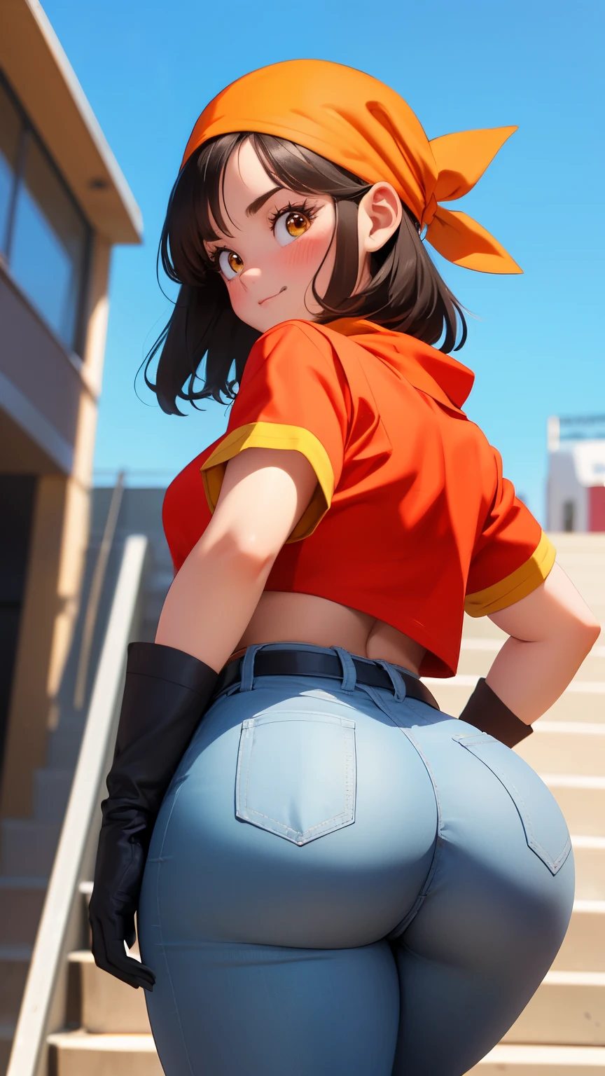((highest quality)), ((masterpiece)), (High resolution), 8K, best shadow, The best natural light, cinematic, woman climbing stairs、20-year-old, dragonballpan,pan gt,short hair,black hair,gloves,short sleeves,black gloves,belt, fingerless gloves,yellow eyes,(red shirt:1.5),black belt,bandana,((orange bandana)),(grey pants),Looking back, bashful、((Rear view))、Angle from directly below the rear, ((View from directly below)),whole body、Manga panel layout、cartoon style、Manga Design、station stairs、on the way to school, A skirt that flips in the wind, Stylish white panties hidden under a skirt, slender body,beautiful thighs, embarrassed expression, blush, huge ass,big ass,((upper body)),detailed face, perfect face,4k,ultra high definition ,((big ass)), ((huge ass:1.5)) ,(wide hips )