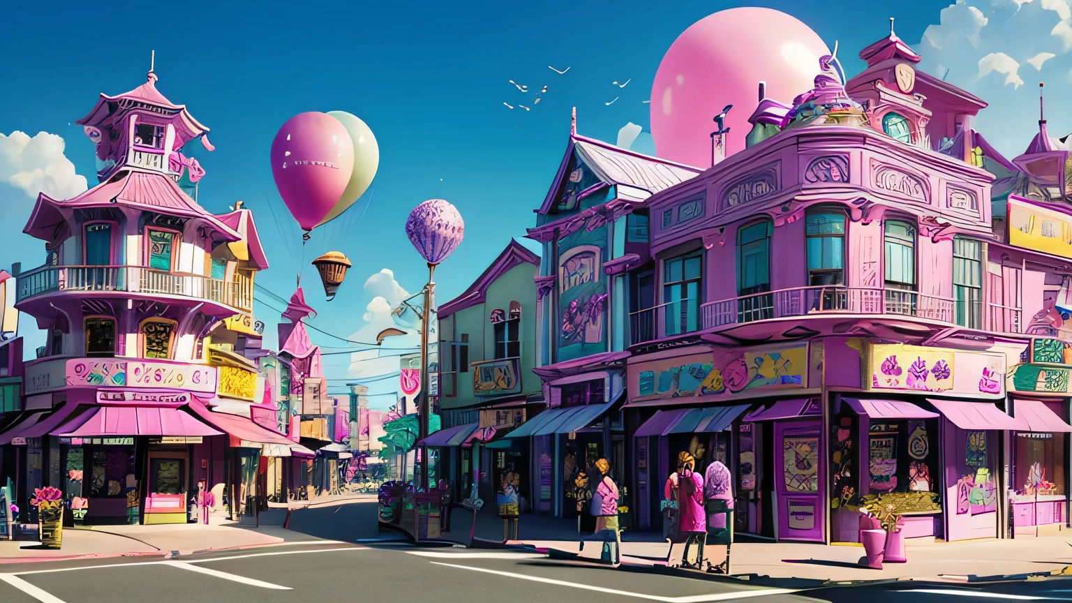 The buildings are colorful buildings、Pink Blue、purple 、orchid plant、Candy Country、Candy Town、Candy House、balloon、playing cards、there are lots of glittering malls all over、Candy Topping、空にひらひらと舞うplaying cards、Cotton candy、candy、sweets、 candy