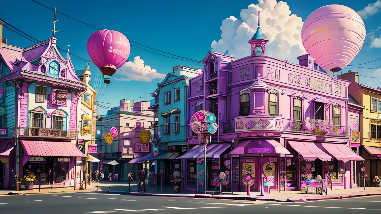 The buildings are colorful buildings、Pink Blue、purple 、orchid plant、Candy Country、Candy Town、Candy House、balloon、playing cards、there are lots of glittering malls all over、Candy Topping、空にひらひらと舞うplaying cards、Cotton candy、candy、sweets、 candy