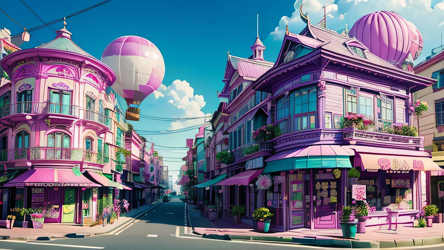 立ち並ぶFlorist、Florist、The buildings are colorful buildings、Pink Blue、purple 、orchid plant、Candy Country、Candy Town、Candy House、balloon、playing cards、There are lots of glittering malls here and there、Candy Topping、空にひらひらと舞うplaying cards