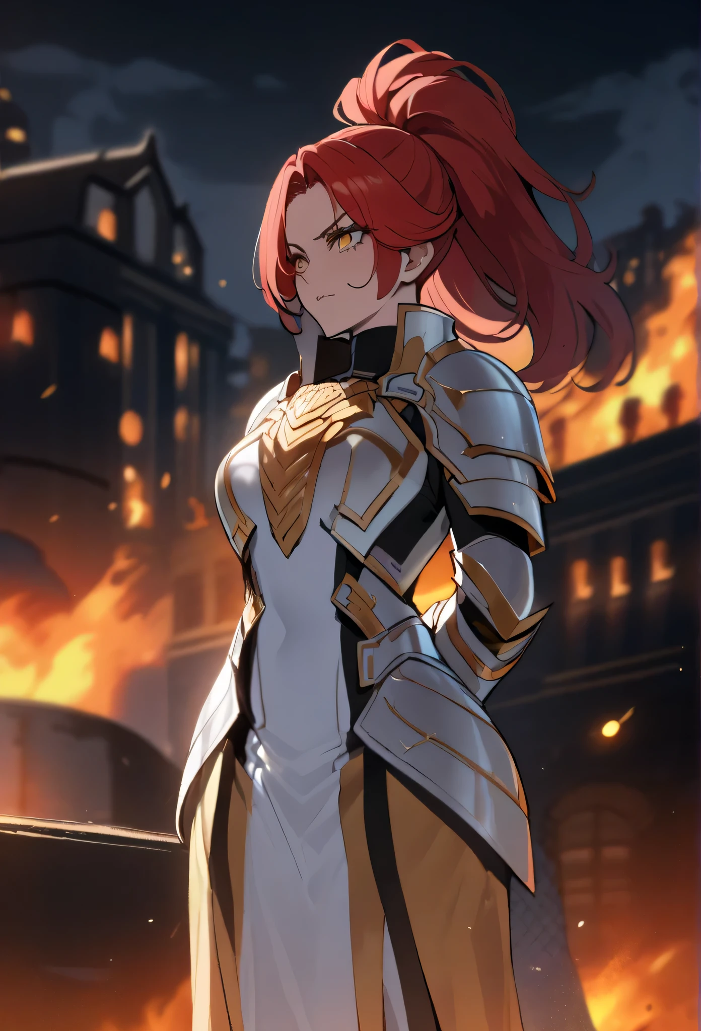Red-haired adult female vice-captain from Antenia wearing a ponytail, bright golden eyes, wearing silver armor with a coat of a golden owl on the chest of his armor, with hands behind back, quiet and observant expression, big and athletic body , in the background a small Greek city on fire at night, quality aesthetic background