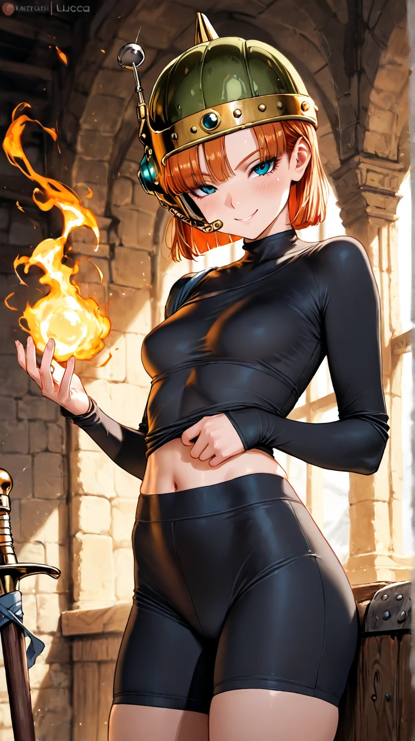 Girl with orange hair, cute, red and orange clothes, skirt, only the tip of the tail is burning, flame at the tip, tail like a charmander, burned background, outside