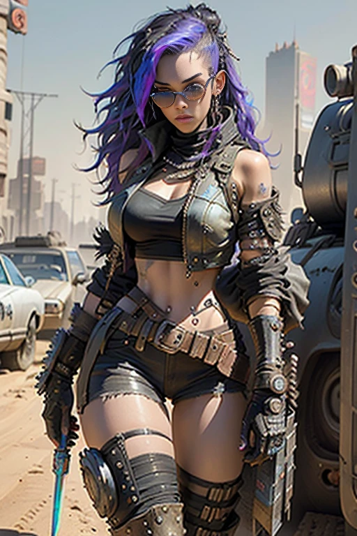 Beautiful woman colored hair, sitting cross-legged sexy black golden thong, high combat military neon boots, muscular, long breasts cyberpunk style realistic detailed
