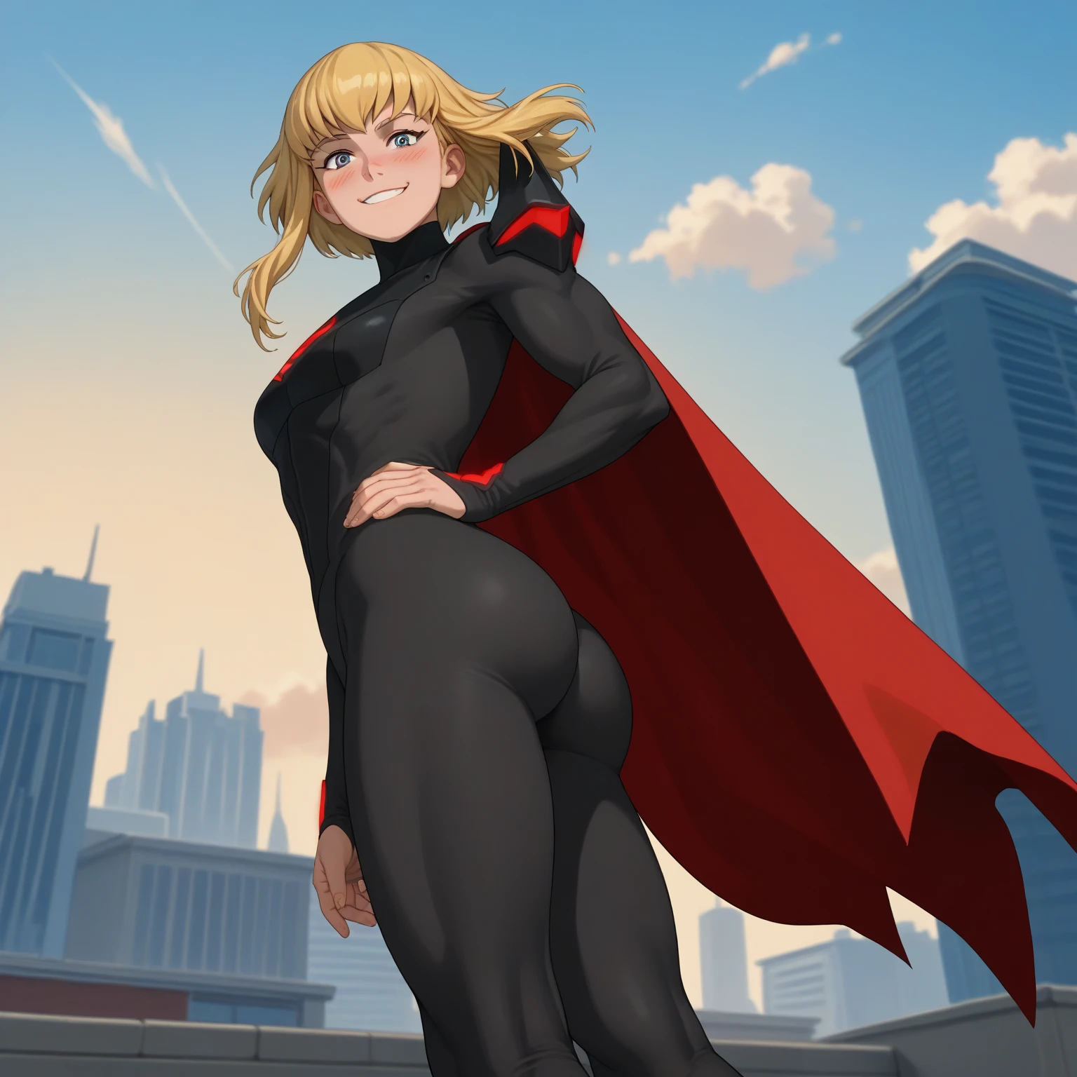 masterpiece, best quality, 1girl, female, superhero, leotard, bare legs, boots, matching boots, medium breasts, light particles, aura, stand, standing, highleg, city backdrop, solo, hand on hip,