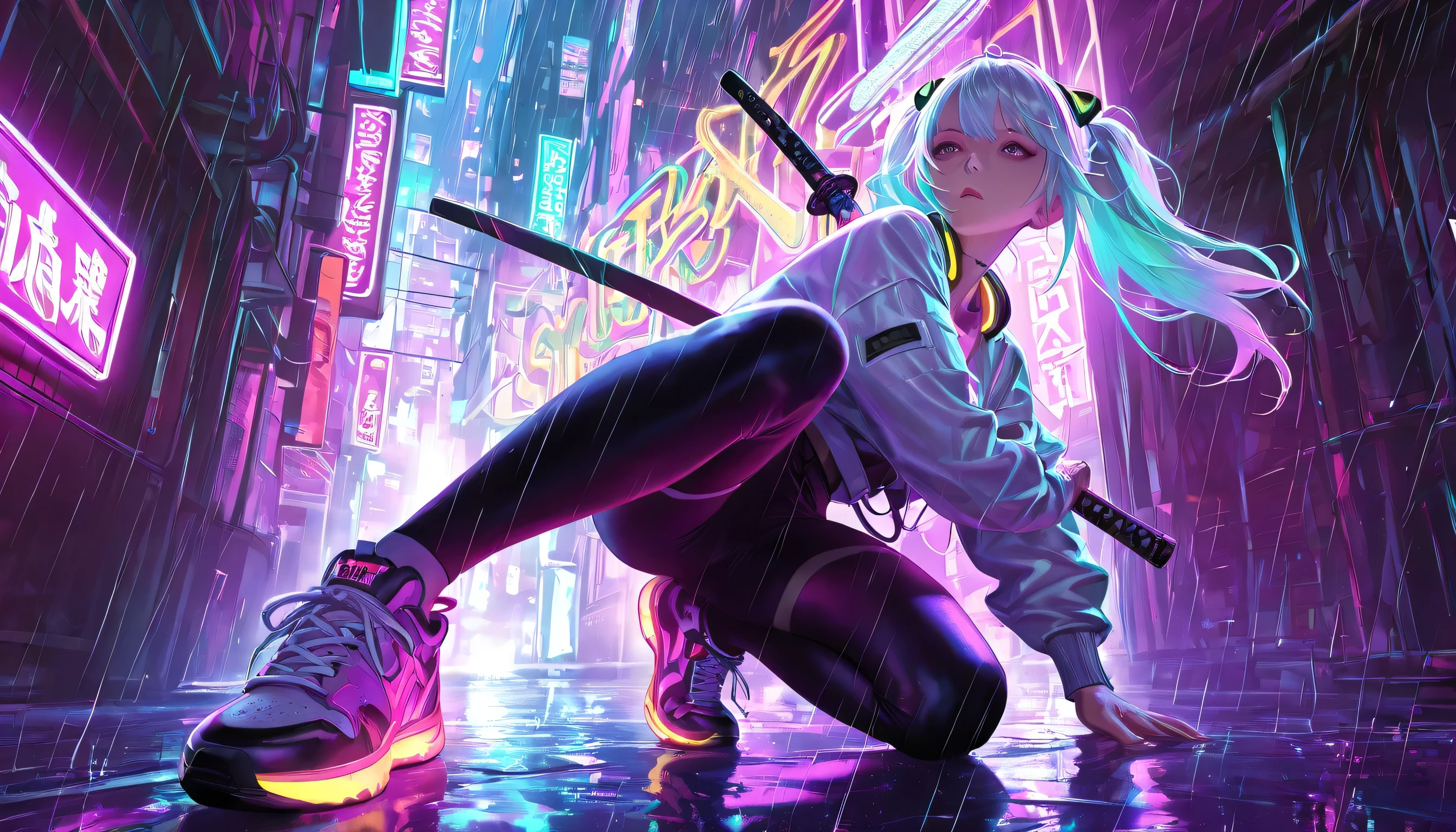 1girl, cybernetic, katana, concept art, official art, stylish sneakers, extremely detailed, photorealistic, 8K, highly detailed, intricate details, hyper realistic, masterpiece, studio lighting, physically-based rendering, vibrant colors, moody lighting, cinematic composition, dramatic pose, futuristic cyberpunk city, neon lights, rain effects, gritty urban environment, reflective surfaces,
