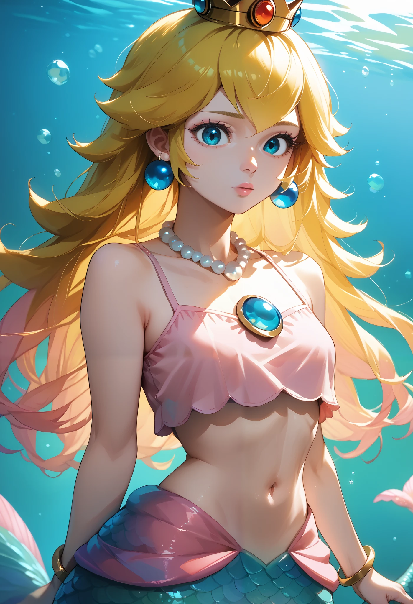 IncrsPchMermaid, long hair, bangs, mermaid, navel, bracelet, midriff, bare shoulders, collarbone, pink crop top, pearl necklace, jewelry, earrings, crown