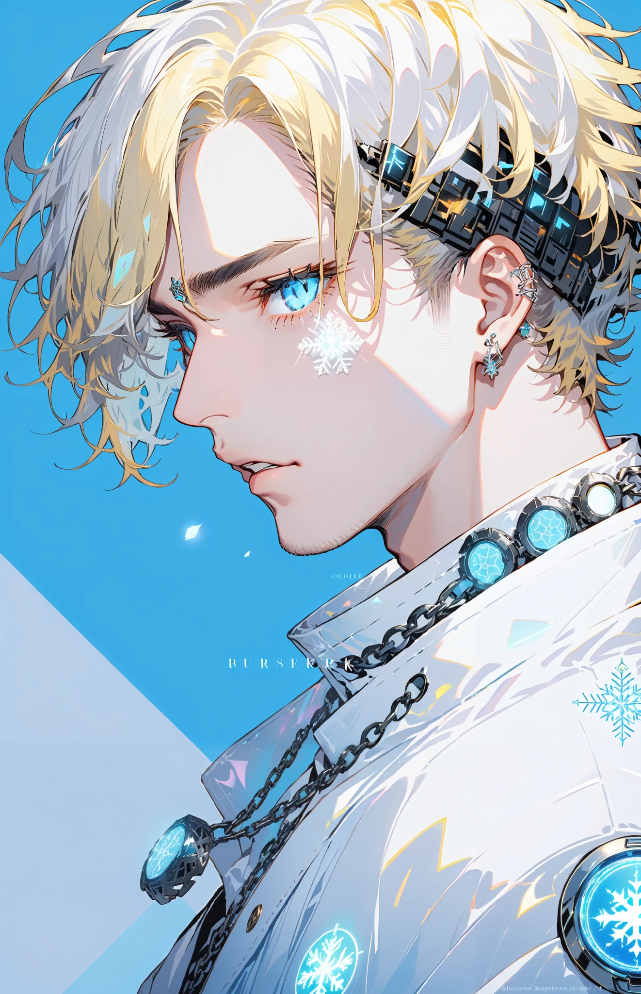 Illustrator,It is true ,draft , 1boy, handsome male,Lips, order, gradient blue background, Neon hair,Texture Trim, burserk charecter , ( Masterpiece,Highest quality), Wearing a white suit , conjunctivitis , blonde hair , has a snow logo necklace, jewelry on the silver arms reflect light., shut your mouth, Seriously, the ring on the head , side view