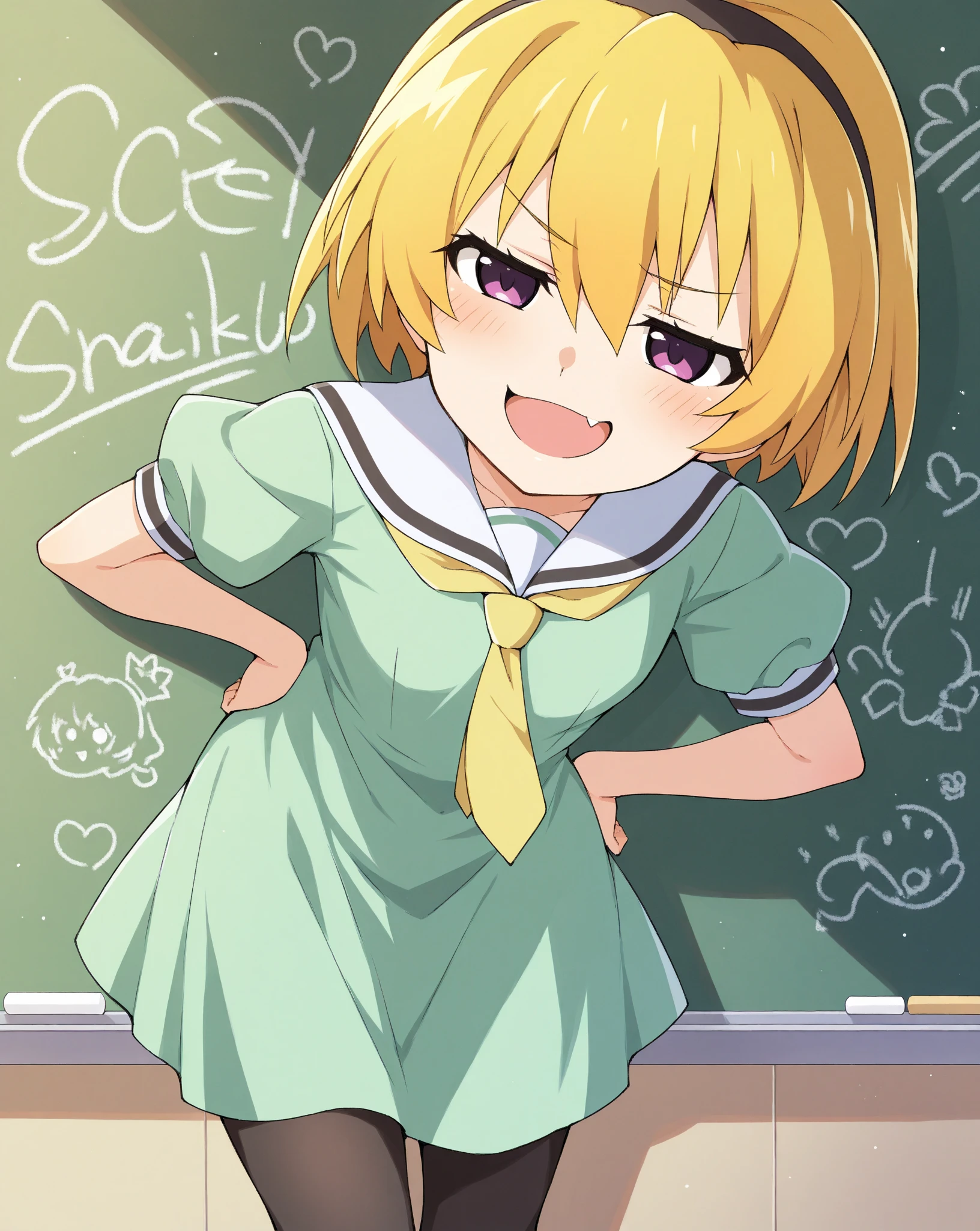 1girl, nsfw, houjousatoko, short hair, blonde hair, purple eyes ,hairband, , , empty eyes , large breasts, nipple (Sweating profusely, Love juice, Wet Woman, female ejaculation), crying , alone, crying, Naked, 独奏, 1girl, classroom, , Peeing, lactation, projectile lactation