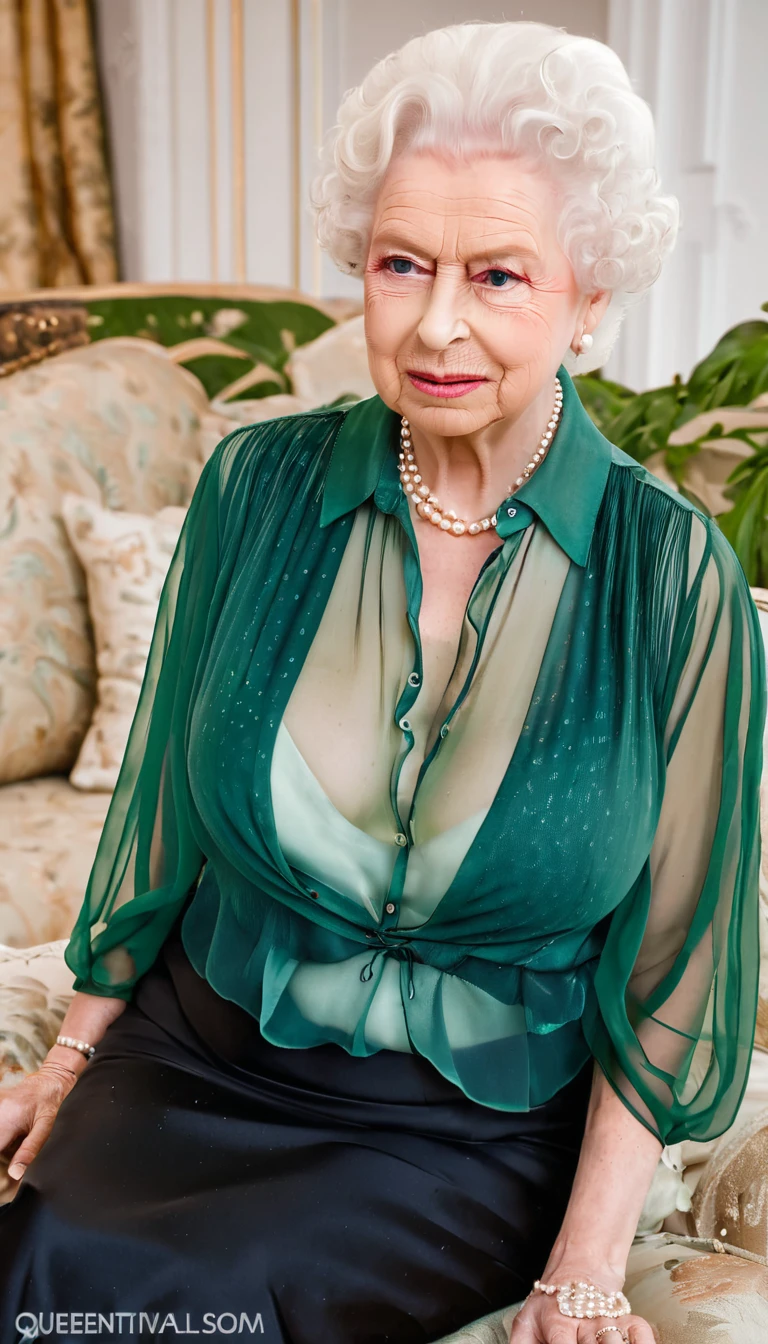 (busty breast), (queen elizabeth 80yo sitting on sofa) (chiffon sheer green blouse and black skirt:1.3), cleavage, pearls