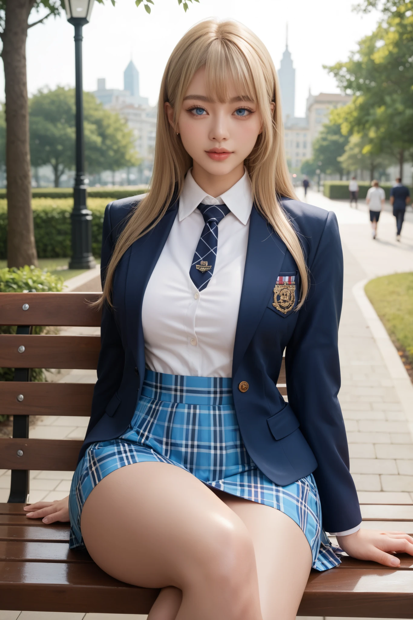 Score_9, Score_8_up, Score_7_up, Score_6_up, Score_5_up, Score_4_up, Source_anime, Tag1, Tag2, Quality_masterpiece, Anatomically correct, 20 year old girl, realism, Beautiful face, Perfect face, Highly detailed beautiful face and eyes, Attractive face, Detailed face, Delicate facial features, Detailed skin, perfect eyes, big breasts, big ass, thin waist, thick thighs, Eyelashes, blue eyes, blonde long hair with bangs :1.1, seductive face, (Blazer uniform brown), (school shirt), (plaid skirt), (tie black), thigh high, stockings, skindentation, sitting on a bench, pose showing her legs, in a park with trees