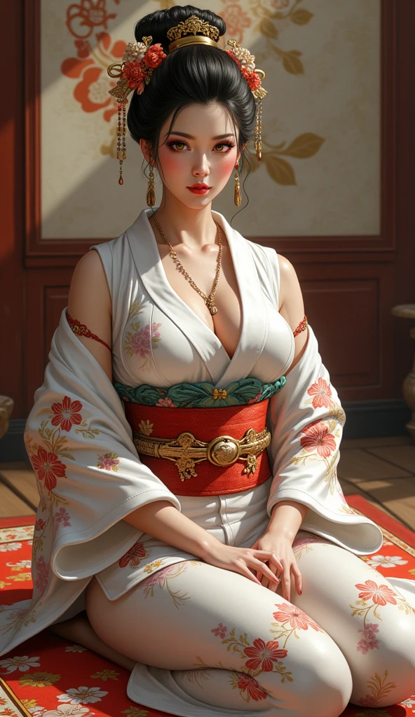 1 young geisha, (((full body shot))), traditional japanese beauty, kimono with highly detailed traditional pattern, kanzashi and other japanese traditional women's hair ornaments, flirts with camera, seducing smile, ultra sexy, fancy makeup, heavy eye makeup, red lipstick, big breasts, cleavage, in traditional japanese interior, (Best Quality, 16K, Masterpiece, UHD, Ultra quality cinematic lighting, Huge detail, Well lit, 35mm, sharp, hyper realistic, epic scale, insane level of details, beautiful detailed girl, very detailed eyes and face, beautiful detailed eyes, ultra detailed skin, realistic skin)