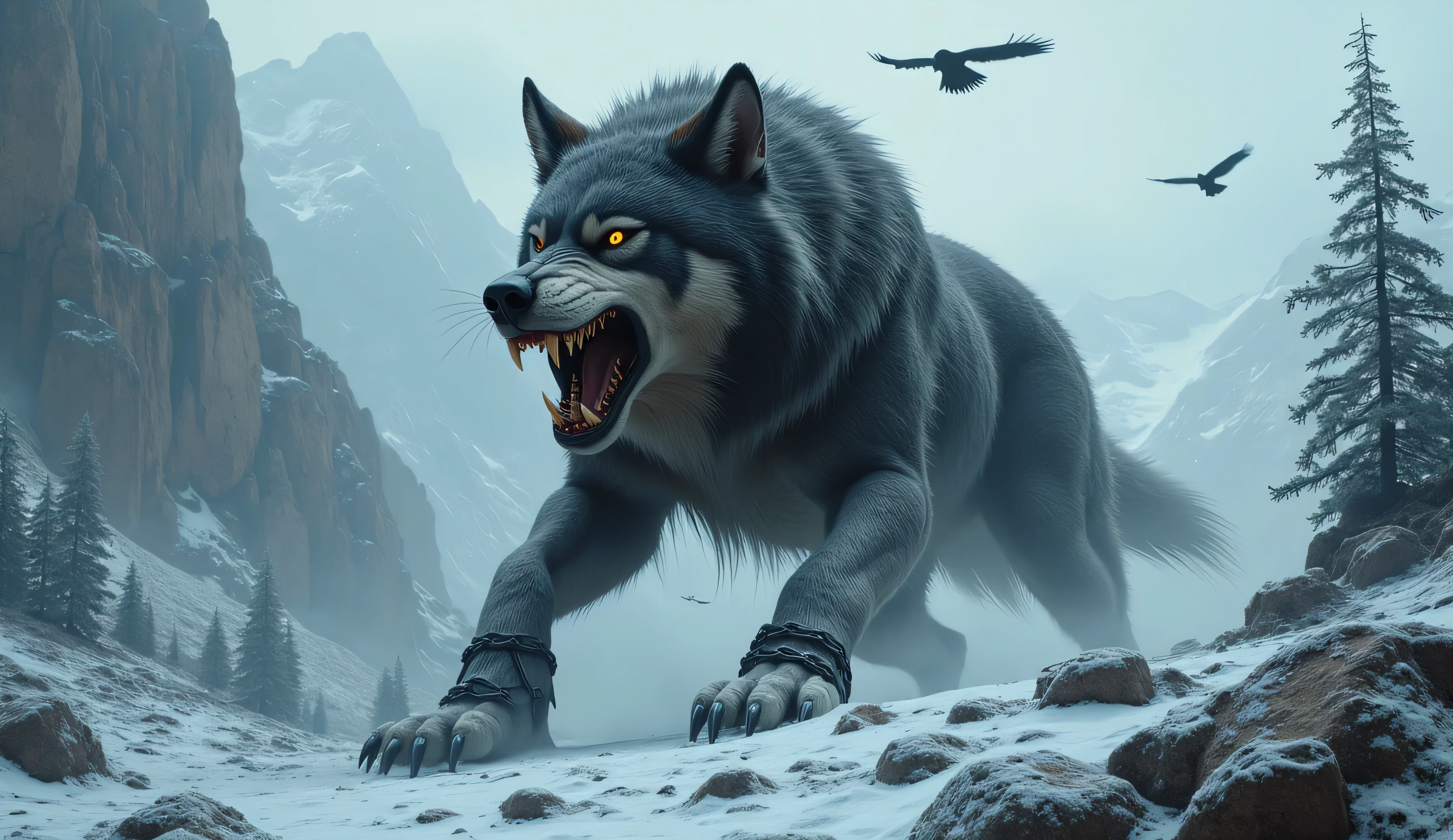 Perspective from below wolf naked male furry legs apart looking down blue background squat pose green eyes serious look claws on knees fluffy tail scars growling salivating