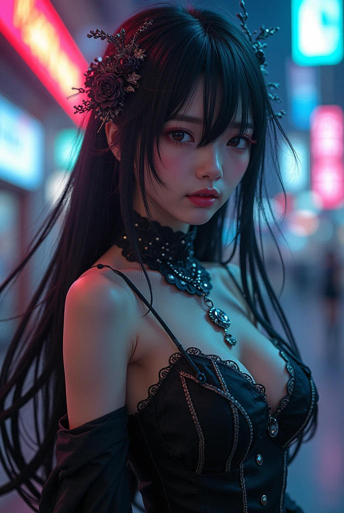 A (((cosplayer girl))) with (((black hair in (((pigtailss)) flowing down her back in a sleek, club-like backdrop,))), embodying the essence of the night. Her face has a (((pale complexion))), contrasting against her (((brightly colored eyes))). She's adorned in a futuristic ((black human form, resembling a snake, with intricate details that mimic the scales of a snake, including a distinctly pointed nose and (sharp, fang-like teeth),) which is open at the top, as if revealing the pale skin underneath. The scene is advanced with LED-lit strands that give off (vibrant colors), mirroring the (hyper-realistic detail) of the night sky, creating a (photorealistic atmosphere) that complements the (high-quality image) and (dynamic lighting) that highlight the (hyper-detailed features) of the (intertwined snakes) and the (mysterious patterns) they traverse
