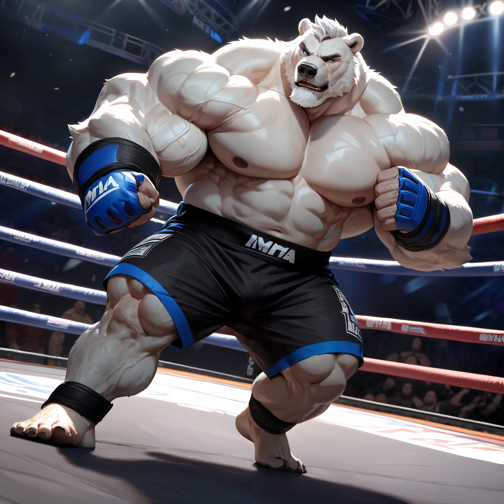 huge muscular polar bear in fighting arena, big bulk jabs, grunting noise, polar bear, huge white fur, thick arm, huge arm, added gray mustache, added gray beard, Short white hair, weight: 424lbs, (veiny muscular, veiny pectoral, wide pectoral, thick arms), fighting ring, lights, realistic, 8k, masterpiece, gray eyebrows added, added eyes with blue pupils, (shirtless, wearing MMA black shorts with blue stripes, MMA gives with knuckle pads, and ankle support foot brace), punch jabs