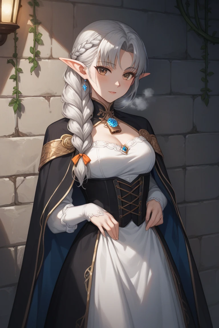 ophelia(claymore),1girl,Solo,fantasy,white skin,silver hair,show the forehead ,((slicked back hair)),((hair pulled back)),(single braid),(long braid),(large braid),yellow eyes,white bodysuit,collarbone,knight outfit,naughty smile,smirk,((simple background)),gray background,old school fantasy art,elf