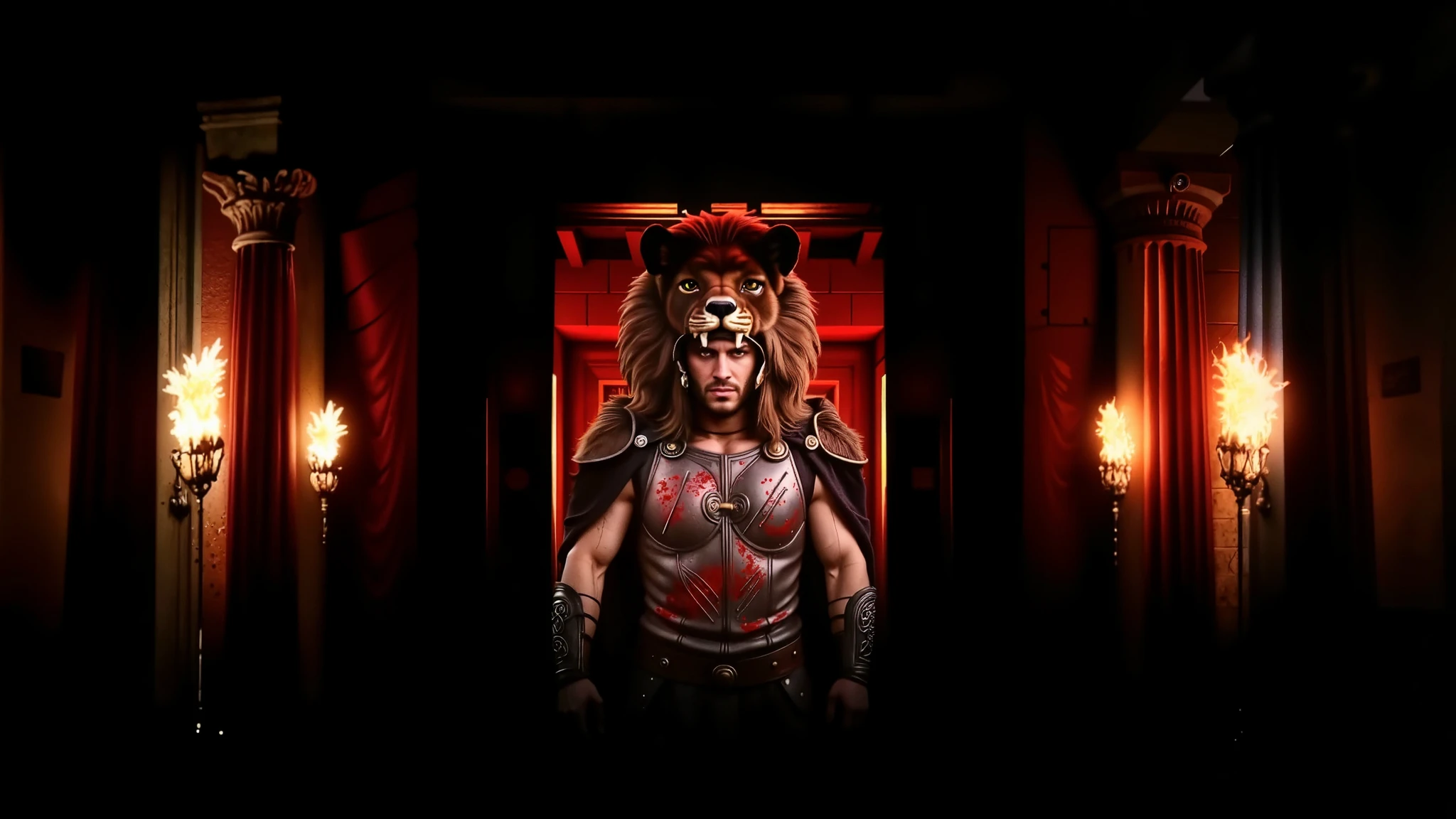 Hercules wearing his lion armor. His helmet is the head of a lion. The scene is realistic with a wide frame. His armor is dirty with dust and blood, and his cape is dusty. blood, dust, greece, action, walking.