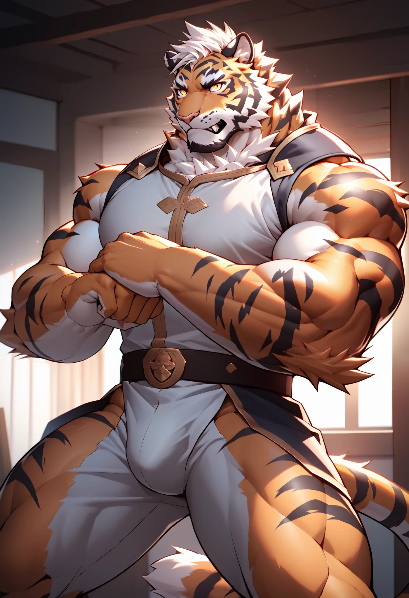 (Chained in a dungeon:1.5),(naked:1.5),king,16k high quality detailed art,(Golden Tiger:1.1), (((white and gold fur:1.5))),(Dark and cold two-tone),(a pair of eyes with different colors, one eye has golden pupils and the other eye has blue pupils:1.7),(muscular body:1.2),Handsome,(OK),(perfect face),(exhausted:1.1),(golden and white skin:1.3),(Dark and dank dungeon background),(Half body特写:1.6),Publaz, (Golden Tiger:1.1), (((golden and white fur:1.3))),Handsome, (OK), ((bleed wound:1.6)), Express,(Cold and damp dungeon background),(Eyes of pain and despair:1.3),(Golden Tiger tail),不同的Express,(perfect masterpiece),(32k),(abdominal muscles:1.3),(((middle aged:1.4))),(36 years old),(golden stripes),alone,(black sideburns:1.2),(black beard:1.3),(black chin:1.3),(golden face pattern:1),(Very rich facial details:1.3),(Strong),Half body,(Kneel down:1.3),front view,(cg),(HD),(To chain one's limbs:1.6),(pained expression:1.5),(Lots of chains)