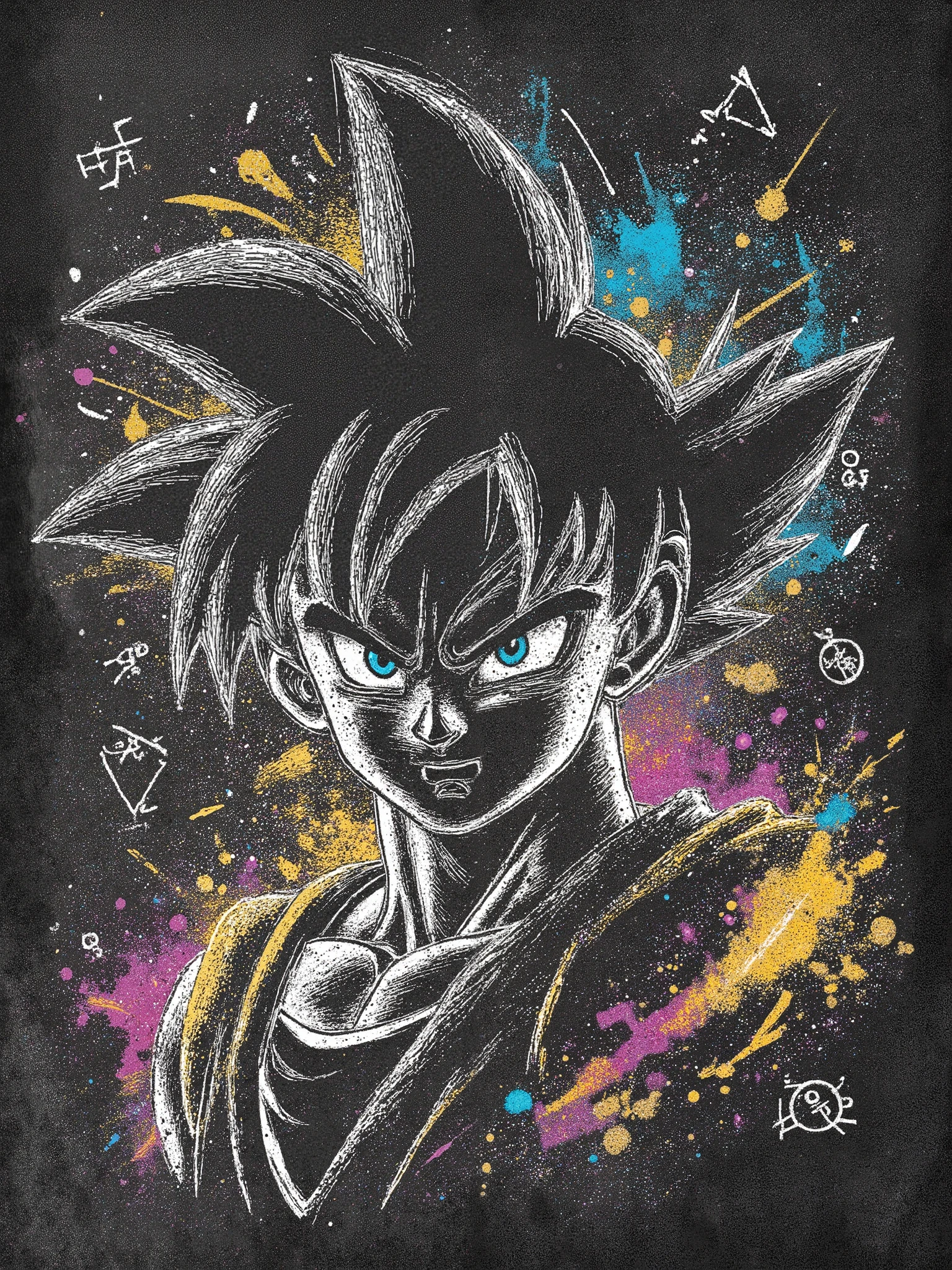 Chalk art style, rough sketch lines, smudged edges,A dynamic portrait of Goku from Dragon Ball Z, with spiky black hair and intense determined gaze, drawn in white chalk doodles on a textured blackboard. His Super Saiyan aura glows with yellow chalk strokes, surrounded by floating debris sketched in smudged pastel colors. The composition emphasizes dramatic shadows and energetic lines, blending gritty chalkboard texture with vibrant anime-style details.Retro classroom atmosphere with erased chalk marks,Anime-meets-street graffiti, high contrast lighting,Fierce expression, glowing cyan eyes with red pupils,Flying hair strands sketched with motion lines, golden energy sparks,Faint chalk equations and dragon ball symbols in the background,bw_pixel_anime,anatomica-chalk